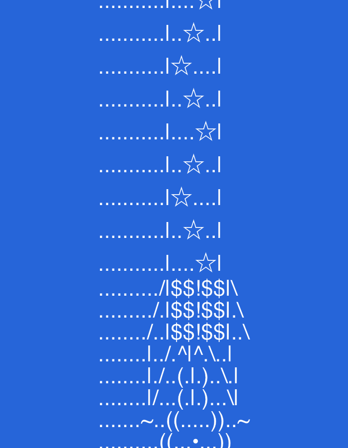 The image is a digital graphic with white ASCII art characters on a blue background. The ASCII art depicts a repeating pattern of lines that resemble a decorative border or a visual effect. Each line starts with a series of dots, followed by a vertical bar, then a star symbol, and ends with a vertical bar. There are several variations of this pattern, including some lines that have more complex ASCII art characters like slashes, dollar signs, circumflex accents, parentheses, and tildes. The overall impression is of a stylized, abstract design. There are no recognizable elements that would indicate a specific location in Yerevan, Armenia, or any real-world scene.