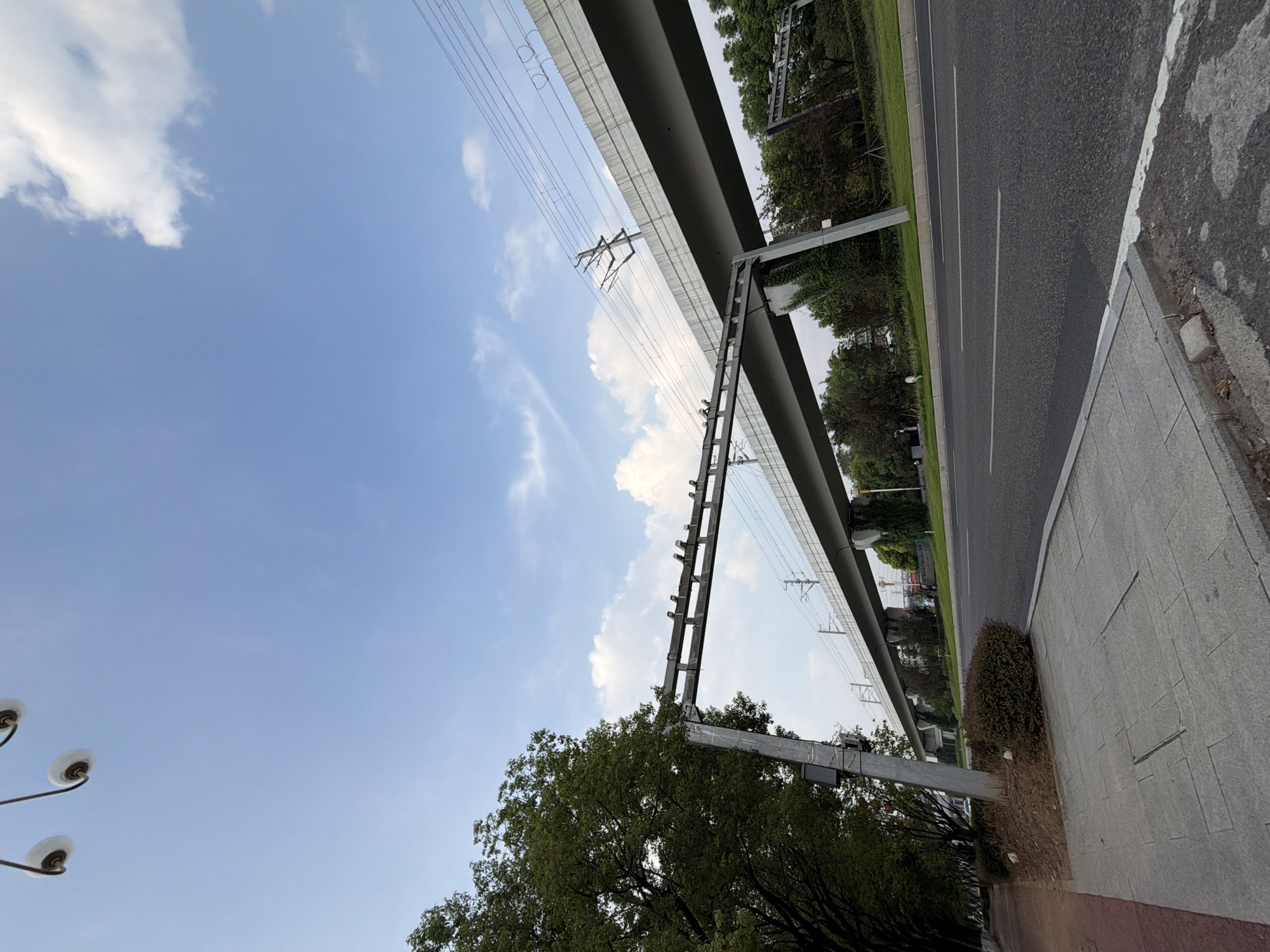 The image captures a view of an elevated railway or highway structure crossing over a street in Jiangjin, China. The sky is clear with scattered clouds. A large green tree stands to the left of the frame, with a row of smaller trees and bushes lining the side of the road. The road itself is paved and has lane markings. A sidewalk is visible in the foreground. The elevated structure has supporting pillars and a wide platform, with power lines visible above it. Several small objects, possibly birds, are perched on the horizontal beam of the structure in the middle distance. A streetlamp is partially visible in the upper left corner. The overall scene is one of urban infrastructure integrated with natural elements.