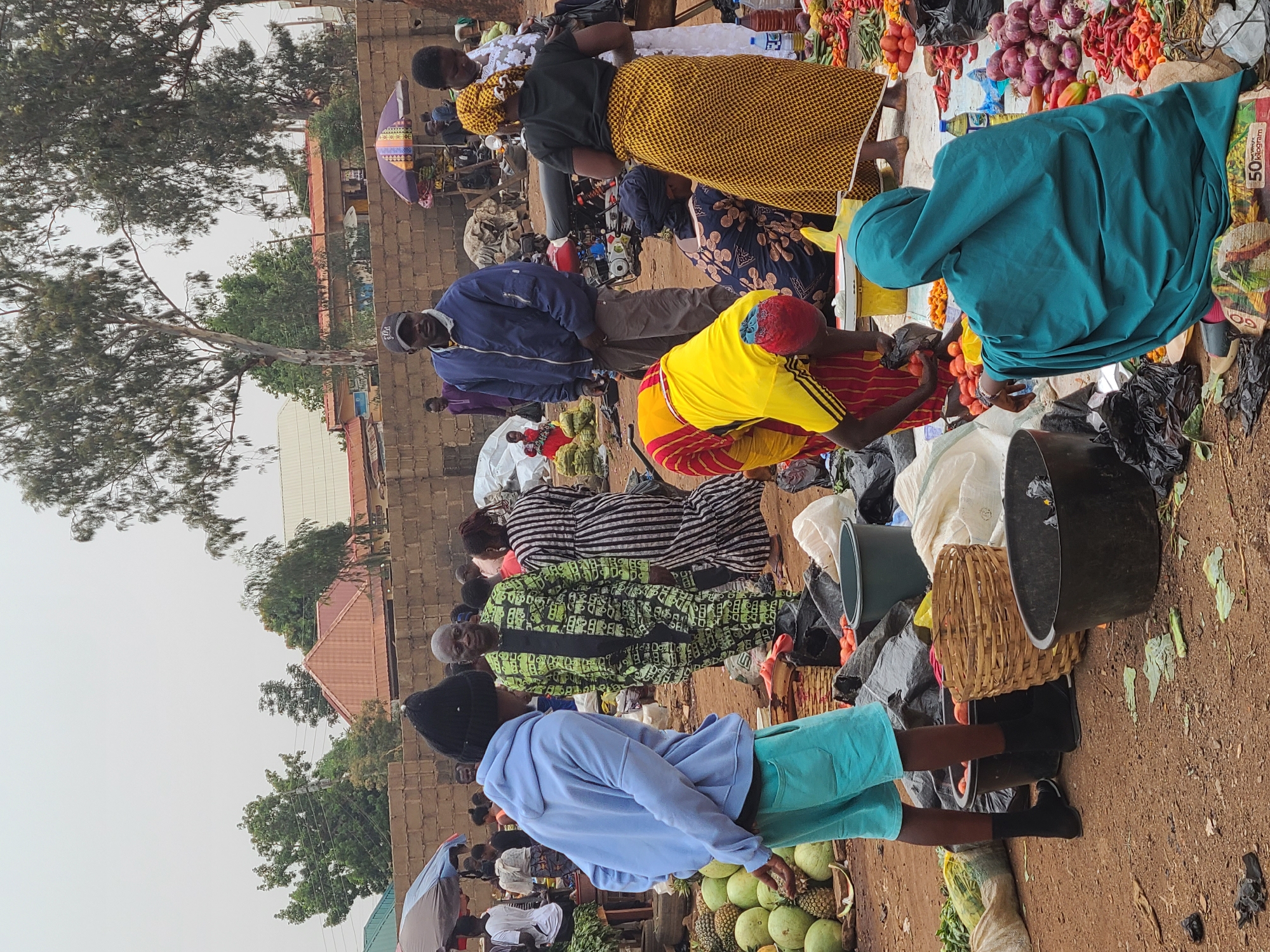 The image depicts an open-air market scene in Jos, Nigeria. Several individuals, primarily adults, are present, engaged in buying and selling activities. The market appears to be selling produce, including tomatoes, onions, and fruits like pineapples and watermelons. People are dressed in a variety of clothing, some in traditional African attire. There are black containers and a basket. The ground is dirt. Buildings and trees are visible in the background.
