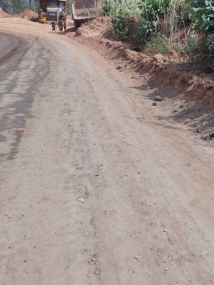 The image depicts an unpaved, reddish-brown dirt road in Hoche, Nigeria, under daylight conditions. The road surface shows scattered small stones and faint vehicle tracks, curving slightly to the left in the distance. To the right of the road, an elevated embankment of excavated reddish-brown earth supports green grasses and shrubs. A thin, light-colored linear object lies on the road in the mid-ground. In the upper-left background, two large heavy vehicles are visible: a yellow dump truck or construction machine, and a dark-colored dump truck positioned immediately to its right. Two individuals are present near the yellow vehicle; one is pushing a small two-wheeled cart, and the second stands adjacent. Distant green foliage constitutes the far background.