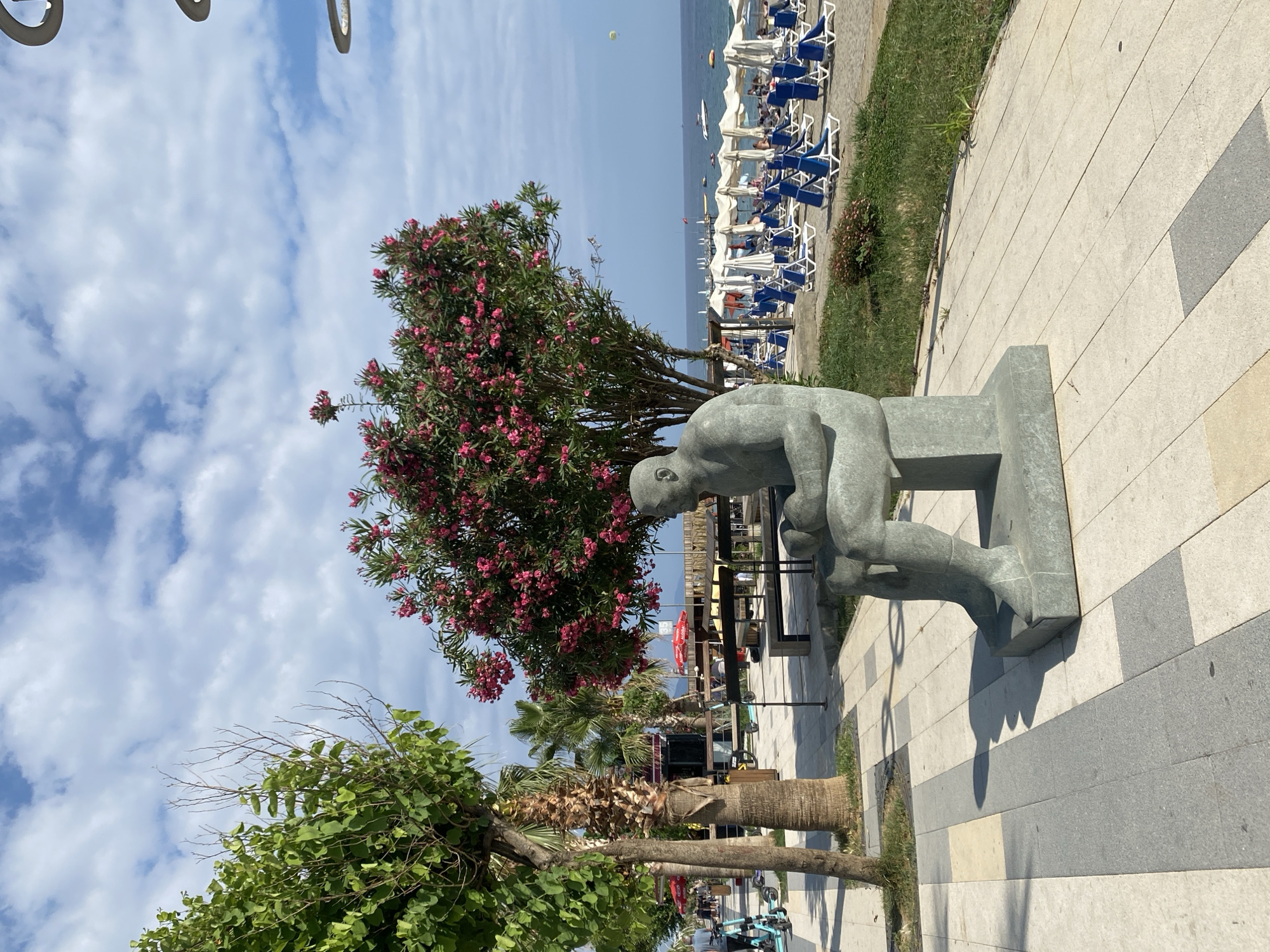 This image depicts a scenic view of a beachside promenade in Alanya, Turkey. The primary subjects include a grey stone sculpture of a seated figure, a vibrant tree with pink blossoms, and lush green trees. In the background, a beach is lined with numerous white umbrellas and blue lounge chairs, suggesting a popular tourist destination. The sea stretches out to the horizon under a clear blue sky with scattered white clouds, indicating fair weather. The time of day appears to be daytime, likely late morning or early afternoon, given the bright sunlight casting distinct shadows.
The scene evokes a sense of relaxation and leisure, typical of a beach resort. The sculpture, positioned on a paved walkway, adds an artistic element to the environment. The blooming tree with its profusion of pink flowers introduces a touch of natural beauty and color to the foreground. Palm trees are also visible, reinforcing the tropical or Mediterranean atmosphere of the location.
The presence of lounge chairs and umbrellas on the beach, along with the general ambiance, suggests that a tourist activity, such as sunbathing or relaxing by the sea, is either ongoing or imminent. A small yellow object, possibly a kite or a drone, is visible in the sky above the sea. Some boats are also present on the water. The paved walkway is made of light-colored stone tiles, with some darker grey accents.
There is no visible text in the image. The overall impression is one of a pleasant and inviting coastal setting, ideal for a vacation.