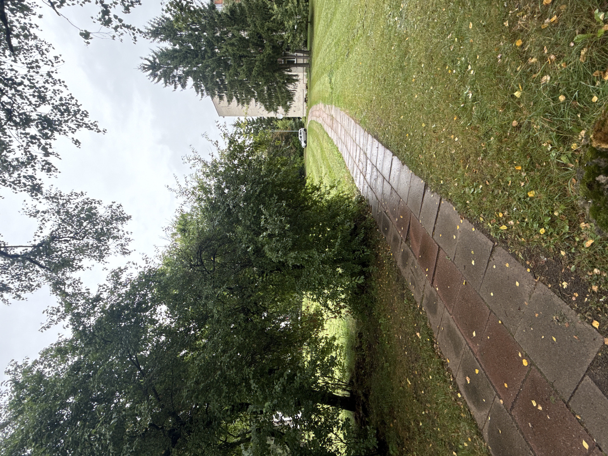 The image depicts a paved walkway made of rectangular concrete and red brick tiles, curving through a grassy area. On the left, lush green trees with dense foliage create a shaded canopy, with some fallen yellow leaves scattered on the path and grass. To the right of the walkway, a neatly mowed lawn stretches towards a light-colored apartment building. Two tall evergreen trees stand in front of the building, and a silver car is parked on the grass further down the curved walkway. The sky is overcast, indicating a cloudy day. The scene appears to be an outdoor common area in the city of Rudamina, Lithuania, likely in a residential district given the presence of the apartment building and the manicured grounds.