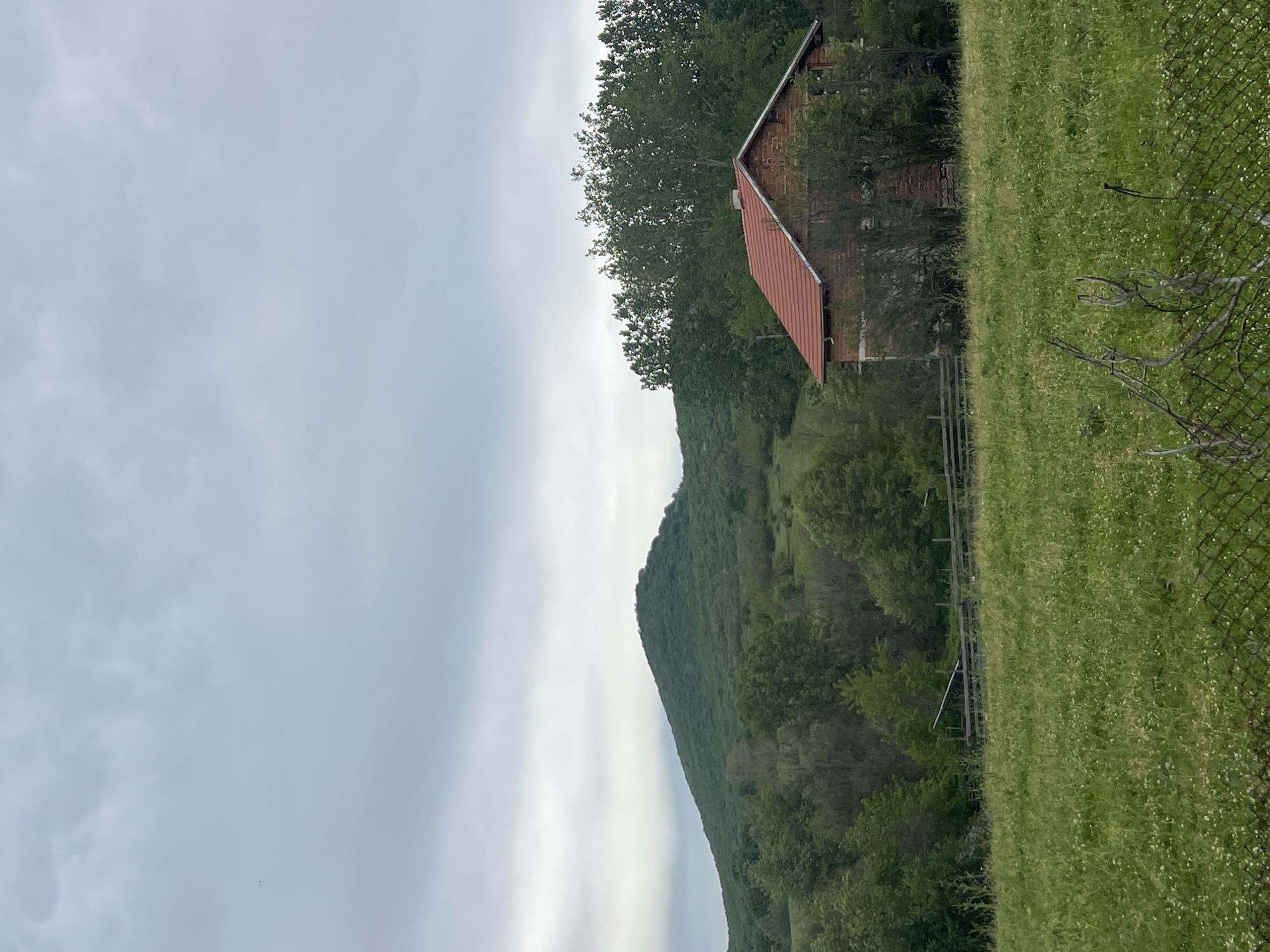 The image depicts a rural scene in or near Zelenikovo, Bulgaria. A small, brick structure with a red tile roof is situated on a grassy hillside. The hillside is populated with trees and vegetation. Behind the hillside, a larger, tree-covered mountain or ridge is visible. The sky is overcast. A fence is visible in the foreground.