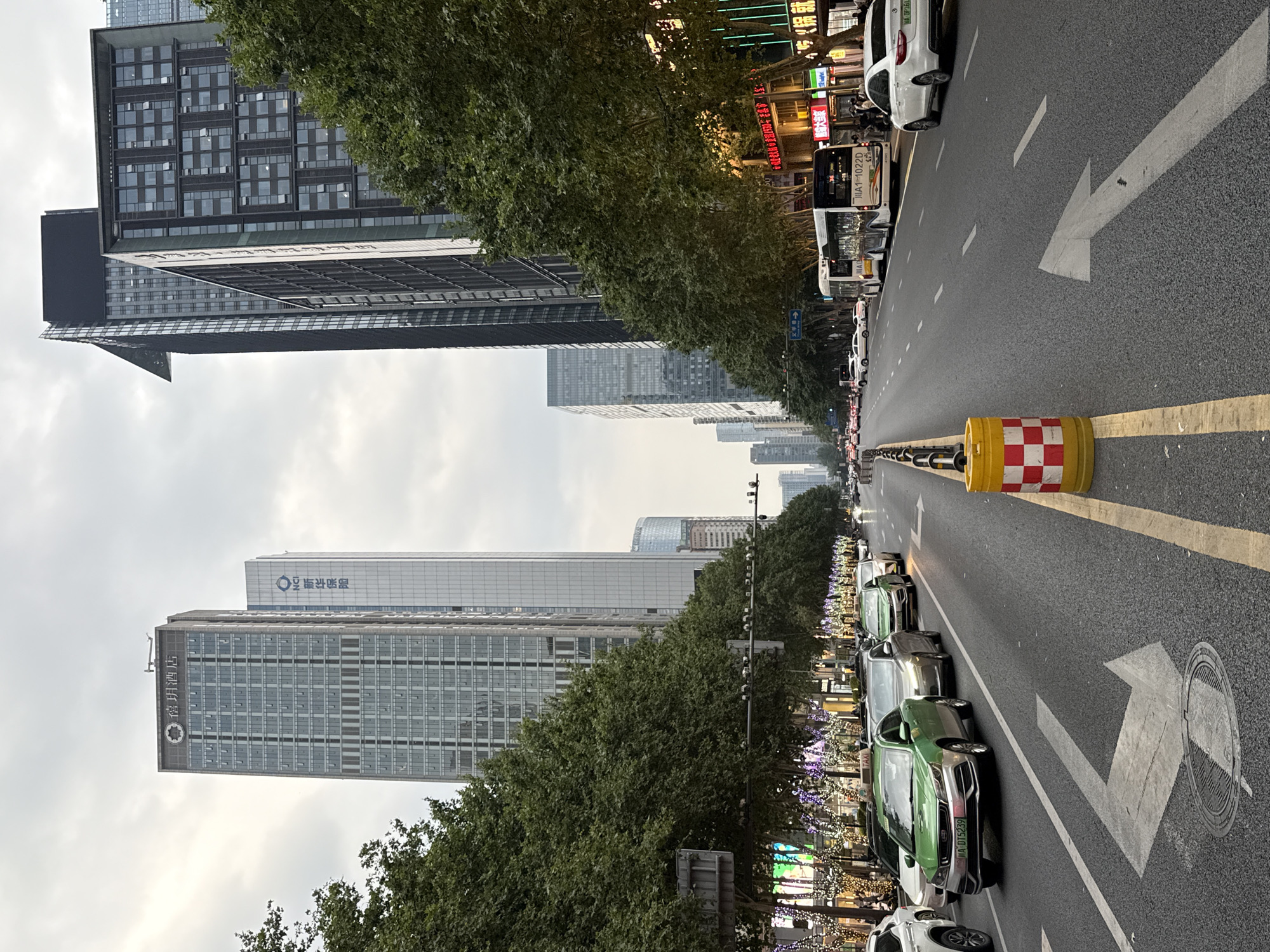 This image depicts a bustling urban street scene on Daxue Road (大学路) in Jinjiang District, Chengdu, China. The perspective is looking down a wide thoroughfare under an overcast sky, flanked by modern high-rise buildings and mature trees.
In the immediate foreground, the asphalt road displays clear white painted arrows, indicating a left turn for the left lane and a straight direction for the right lane. A yellow cylindrical barrier with a red and white checkered pattern is positioned on the right edge of a median, which is demarcated by a double yellow line.
Vehicular traffic is present across multiple lanes. On the left side, several cars are visible, including a bright green Geely Borui sedan (license plate 川A DT5239) marked as a "TAXI." On the right side, a white city bus (license plate 川A1-1022D) is stopped or moving slowly, with a white sedan (license plate 川A D936U) behind it.
The left side of the street is dominated by towering modern skyscrapers. The most prominent building, a grey structure, is topped with the characters "锦玥酒店" (Jin Yue Hotel) and a distinctive circular logo. Adjacent to it stands a taller, slender white building featuring the blue logo and text "NCI 新华保险" (New China Life Insurance). Further down, more high-rise buildings recede into the distance.
On the right side of the street, storefronts at ground level display illuminated signs, including "鲜货大当家" (Fresh Goods Master) and "火锅" (Hot Pot). The trees lining this side of the street are adorned with strings of purple and white decorative lights. Taller, darker-toned modern buildings rise behind these commercial establishments.
Both sides of the street are heavily treed with mature, leafy deciduous trees, their canopies creating a boulevard effect. A blue street sign on the left side of the road identifies the location as "大学路" (Daxue Road). Multiple surveillance cameras are visible on poles throughout the scene. Pedestrians are discernible on the right sidewalk near the bus.