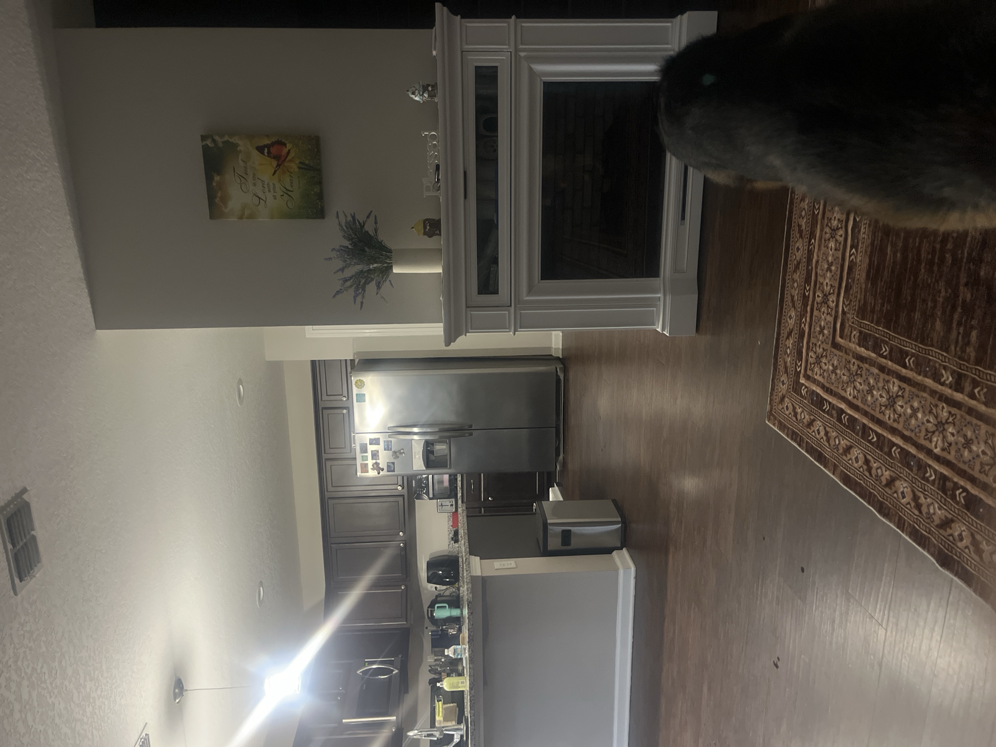 The image depicts an interior scene, likely a residential living area or common space, in Jacksonville, United States of America. The foreground is dominated by the back of a dark-furred animal, possibly a dog, with a small teal object visible on its head. The animal is positioned on a portion of a patterned rug with intricate brown and beige designs.
The midground features a white, ornate fireplace with a glass-fronted lower section revealing a brick interior. Above the fireplace, on a neutral-colored wall, hangs a piece of artwork depicting a butterfly and text that reads "Trust in the Lord with all your heart." To the left of the artwork, a white vase holds a sprig of lavender-like flowers. To the right of the vase, a small yellow object resembling a bee figurine is visible, as well as the word "Blessed" in a cursive font, and another small figurine.
The background reveals a kitchen area. Dark brown cabinets line the walls, and stainless steel appliances, including a microwave, a refrigerator, and a coffee maker, are visible. A kitchen island with a granite countertop separates the kitchen from the main living space. A trash can is situated near the island. Overhead, a ceiling fan or vent is present, along with recessed lighting and a hanging pendant light fixture, which emits a strong glare. The flooring throughout the visible area appears to be dark hardwood. The overall lighting suggests it may be evening or a dimly lit room.
