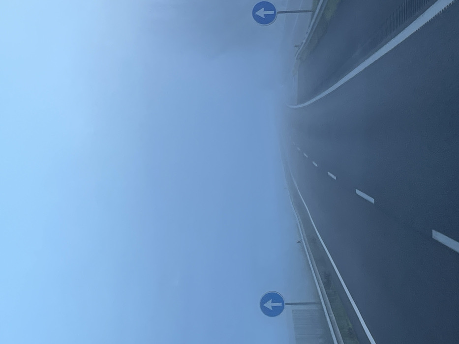 A fog-engulfed highway dominates the scene, its black asphalt barely visible through the dense mist. White lane markings guide drivers, though visibility is severely limited. Two blue circular signs with left-pointing arrows stand beside the road, adding to the eerie atmosphere. The overall tone is quiet and unsettling, conveying the challenges of driving in hazardous weather conditions.