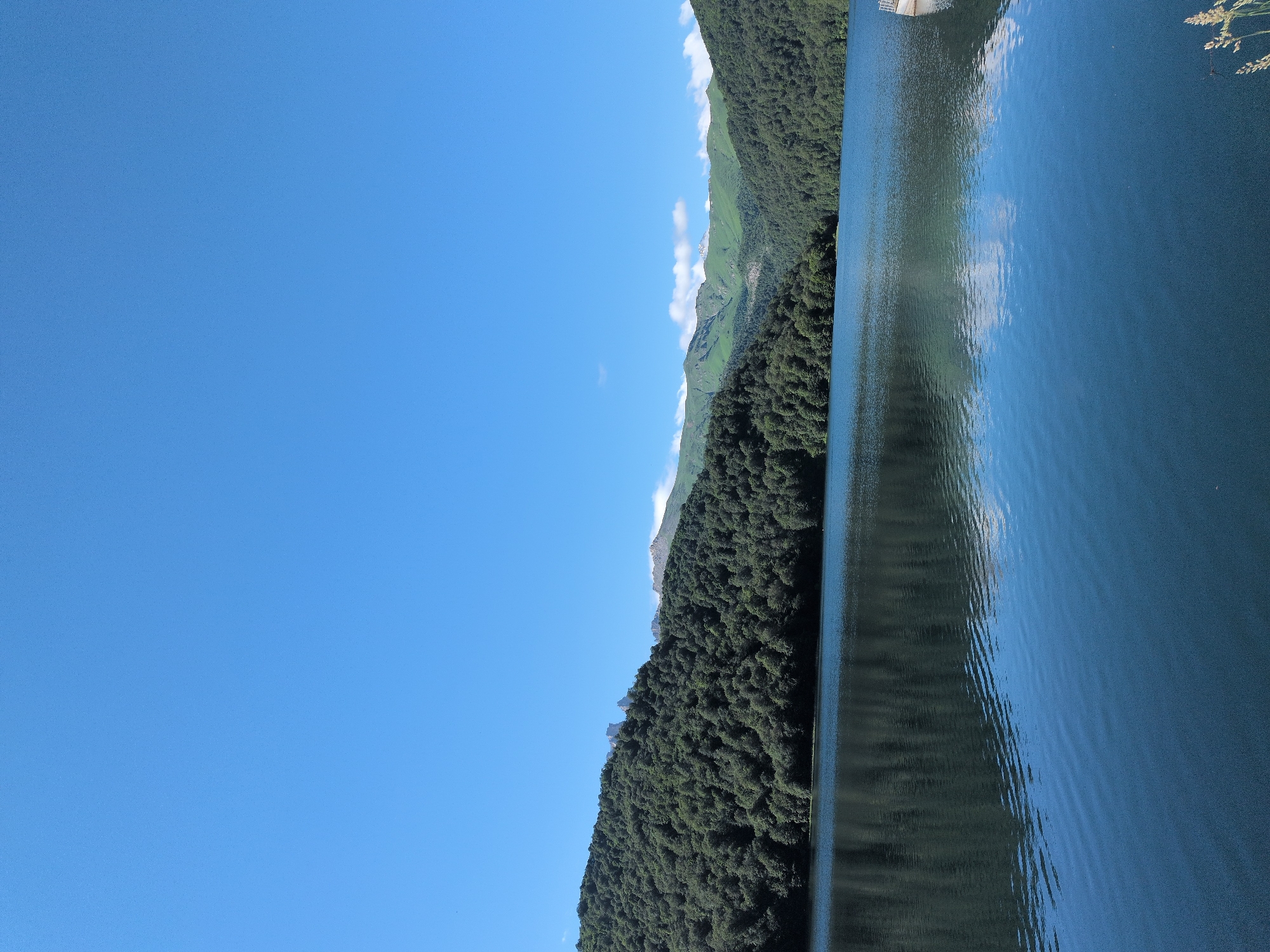 The image depicts a serene lake in the city of Toğanalı, Azerbaijan. The lake's surface is calm, reflecting the lush green mountains that surround it. The mountains are densely covered with trees, creating a vibrant, verdant landscape. The sky above is a clear, brilliant blue, with a few wispy clouds scattered in the distance. The overall scene is one of natural beauty and tranquility, characteristic of the picturesque scenery found in the region. The vantage point suggests the photograph was taken from the edge of the lake, possibly from a boat or the shore.