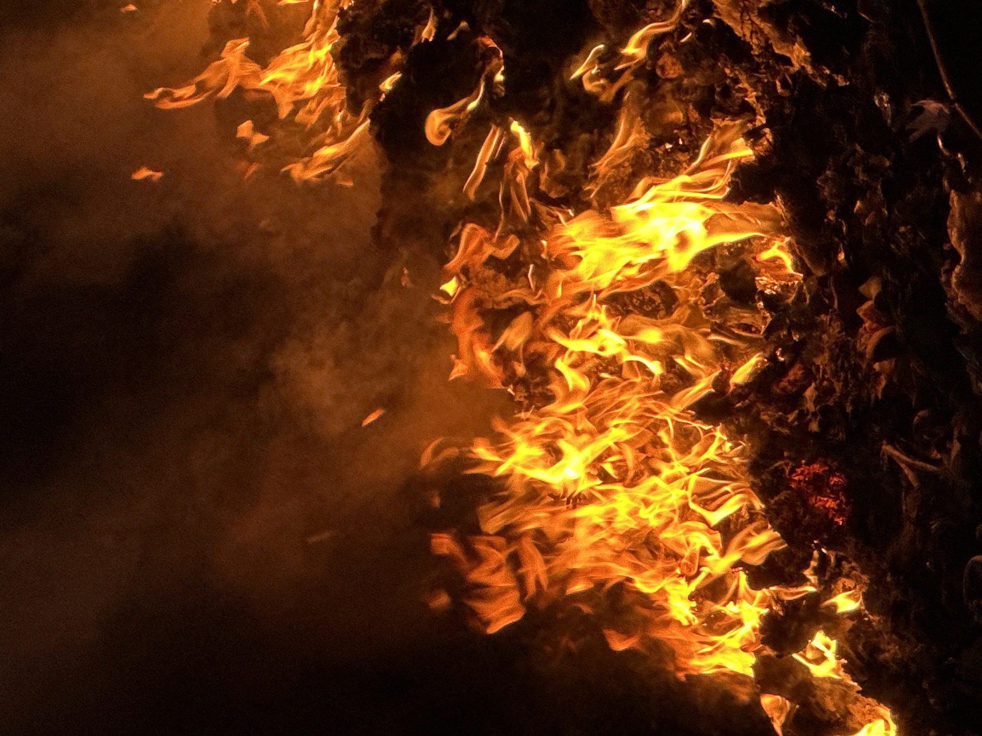 The image depicts a fire burning intensely, with flames consuming an object or material. The fire is prominent and takes up a significant portion of the image. To the left, the scene is darkened by smoke and shadow. The location of Bac Nha Trang Ward, Vietnam is not discernible from the visual data. No people, specific subjects, recognizable objects, actions, or interactions are apparent in the image beyond the fire itself. The environment is predominantly dark with the illumination provided solely by the fire.