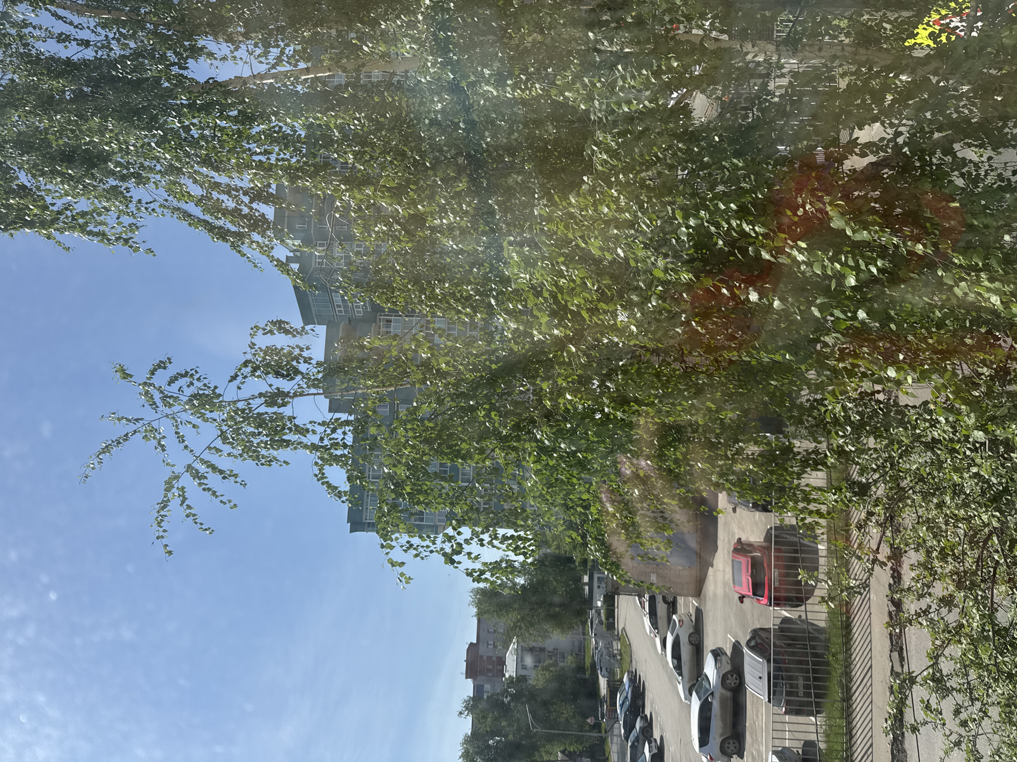 View from a high-rise window in Izhevsk, Russia, looking out onto a parking lot filled with cars of various colors, and a street lined with trees. A large apartment building is partially visible behind the trees and across the street. The sky is blue with some clouds. The image appears to be taken through glass, causing some reflection or distortion.