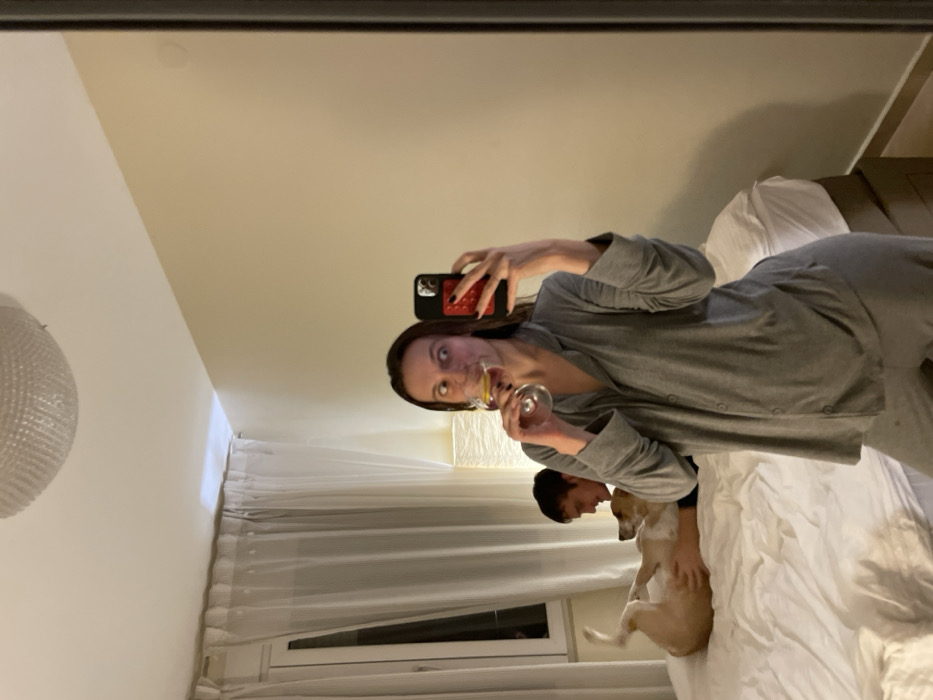 A mirror selfie captures a woman in gray pajamas holding a wine glass and a phone. Beside her, a man holds a light brown dog with a white tail. They are situated on a white bed, and a white curtain is visible in the background. A round, ornate light fixture is attached to the white wall on the left. The mirror has a dark frame.