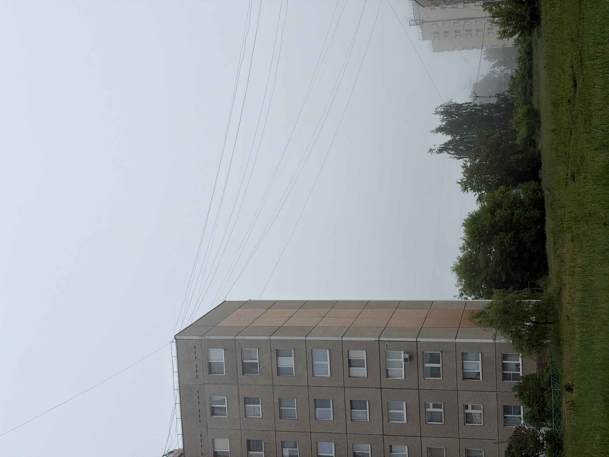 The image portrays an urban residential scene in Chaikovsky, Russia, under heavily overcast and foggy conditions. The foreground is dominated by a large, multi-story concrete panel apartment building on the left. It features a light gray facade with a section of beige or light brown rectangular panels near the top. Numerous evenly spaced windows are visible, some with reflections, and one upper-floor window has an external air conditioning unit.
To the right, a wide expanse of green grass and trees forms a natural border. A dense line of various trees and bushes runs parallel to the building, some of their forms softened and partially obscured by the thick fog. Another, taller apartment building is faintly visible in the misty background, almost blending into the gray atmosphere behind the trees.
Multiple thin, dark utility lines crisscross the vast, uniformly light gray sky, extending diagonally from the upper left towards the buildings. One line appears to connect to the corner of the foreground building's roof. The pervasive fog creates a diffused, flat light, suggesting daytime but imparting a quiet and subdued mood to the environment. No people or discernible text are present in the scene.