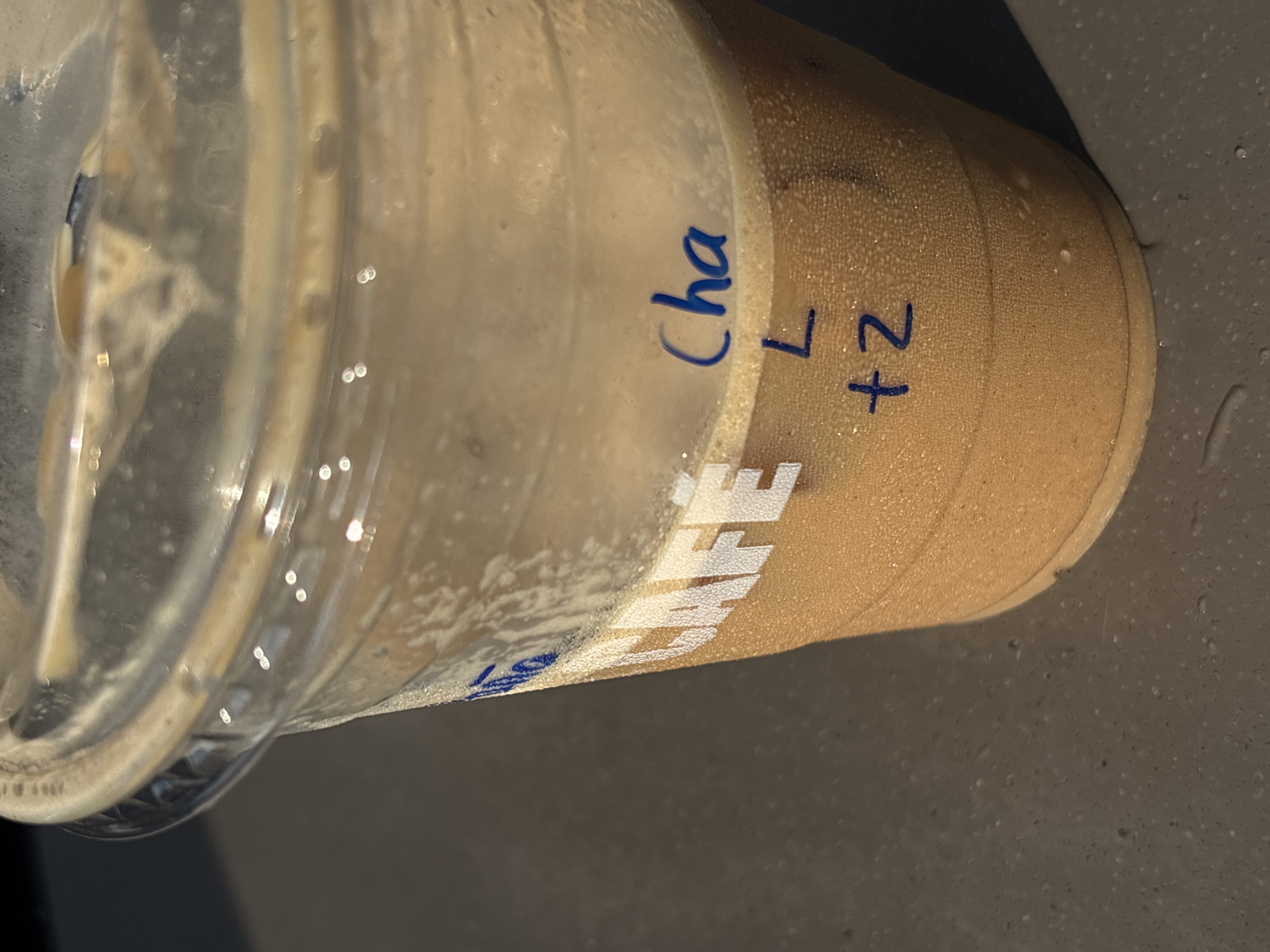 The image displays a clear plastic cup, oriented diagonally, resting on a dark, speckled surface. The cup is mostly empty, with a light brown, creamy liquid residue adhering to its inner walls. A textured, light brown paper sleeve wraps around the lower portion of the cup. Significant condensation covers both the clear plastic and the paper sleeve, indicating that the cup contained a cold beverage.
Written in blue marker on the clear plastic part of the cup is "Cha," likely an abbreviation for "Chai." Below this, on the paper sleeve, also in blue marker, are the characters "L" and "+2." Partially visible white printed text on the sleeve reads "CAFE." The plastic cup features subtle vertical ridges, and reflections of light are visible on its moist surfaces and on the droplets of condensation on the dark background. A portion of the plastic lid is visible at the top-left. The scene suggests a recently consumed iced drink, set in the context of Mexico City, Mexico.