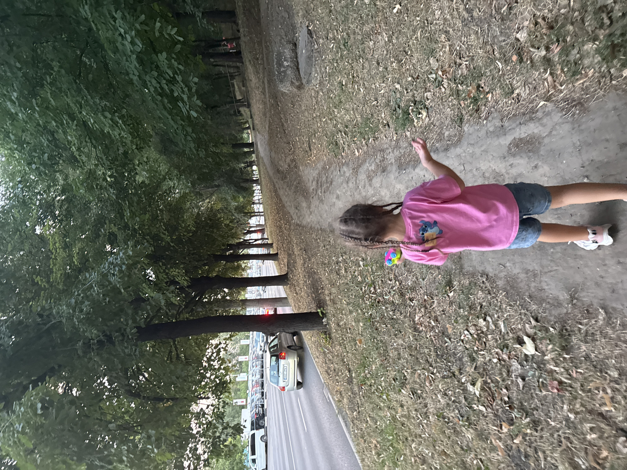 A young girl with blonde braided hair, wearing a pink t-shirt and denim shorts, walks along a dirt path lined with trees. She is holding a colorful toy in her left hand and her right arm is extended. The path appears to be in a park or a wooded area next to a road. On the road, several cars are visible, including a silver hatchback with a license plate ending in "ZZL". Beyond the road, a parking lot with many vehicles can be seen. The trees are full of green leaves, and the ground is covered with dry grass and fallen leaves. The overall scene suggests an outdoor setting in Chișinău, Moldova, likely during the daytime.