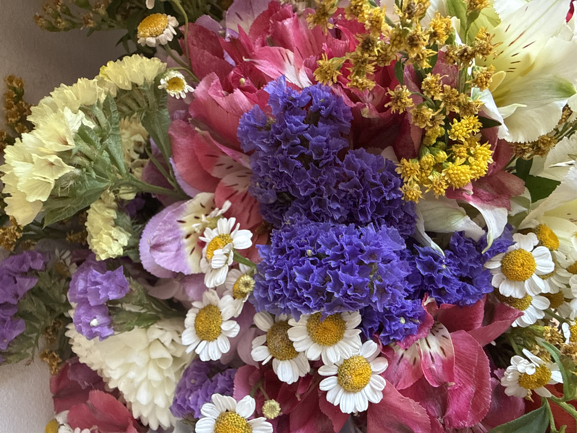 The image is a close-up, overhead view of a vibrant flower arrangement. The bouquet is densely packed with various types of flowers in a range of colors including white, yellow, purple, pink, and red. Prominent are small, white daisy-like flowers with yellow centers, clusters of small, deep purple flowers, and larger, bright pink and red petal flowers that appear to be alstroemeria. There are also delicate yellow and light yellow flowers, some appearing as clusters of tiny blooms. The background is indistinct, suggesting the flowers are the sole focus. There is no indication of any specific location in Sochi, Russia, nor are there any people or discernible actions or interactions. The image is purely a static depiction of a floral composition.