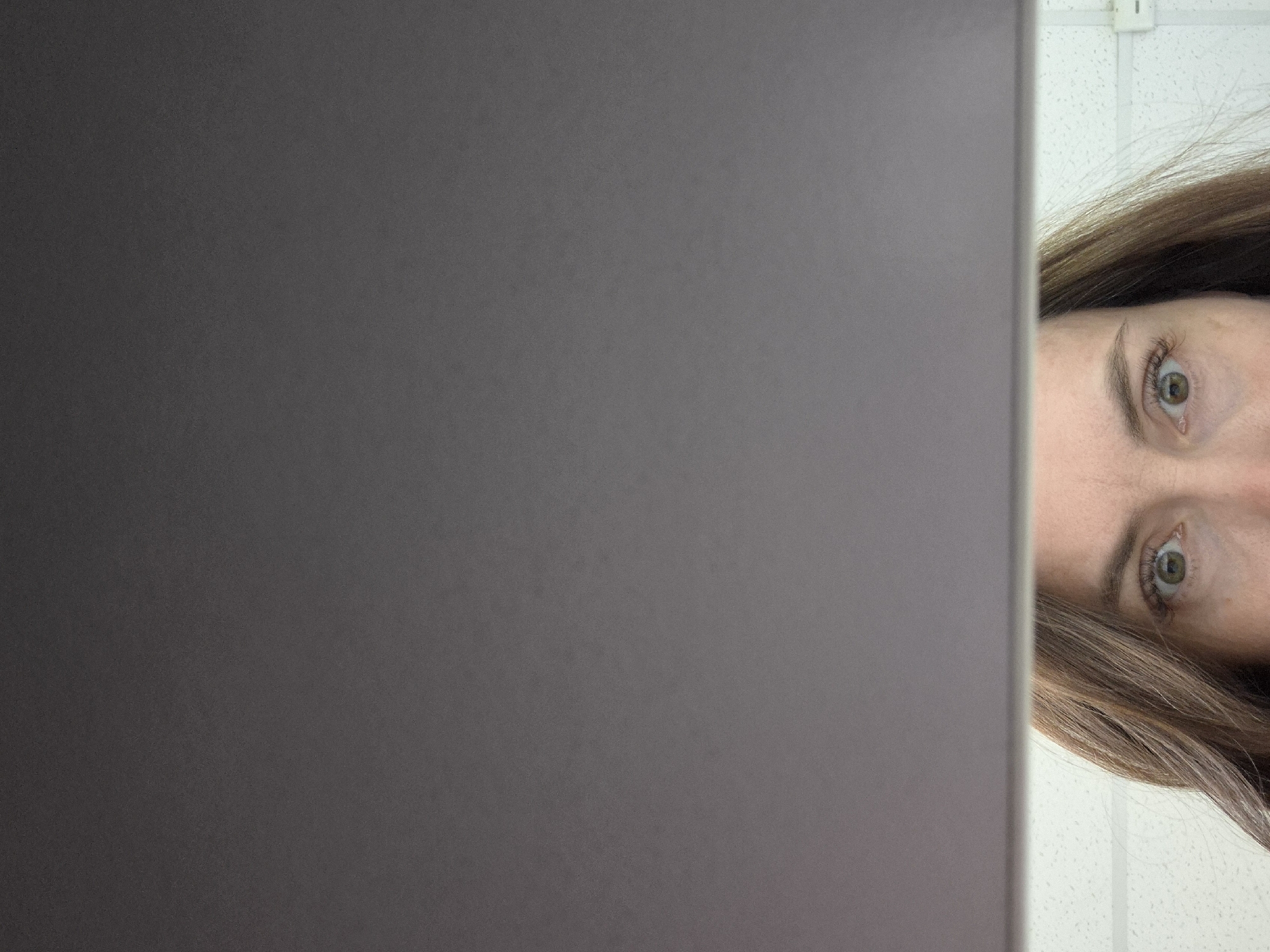 The image shows a close-up view of a person's face partially obscured by a grey object. The person has brown hair and green eyes. The background appears to be a white wall with a grid pattern. The location in the city of Unknown, Unknown, is indeterminate.