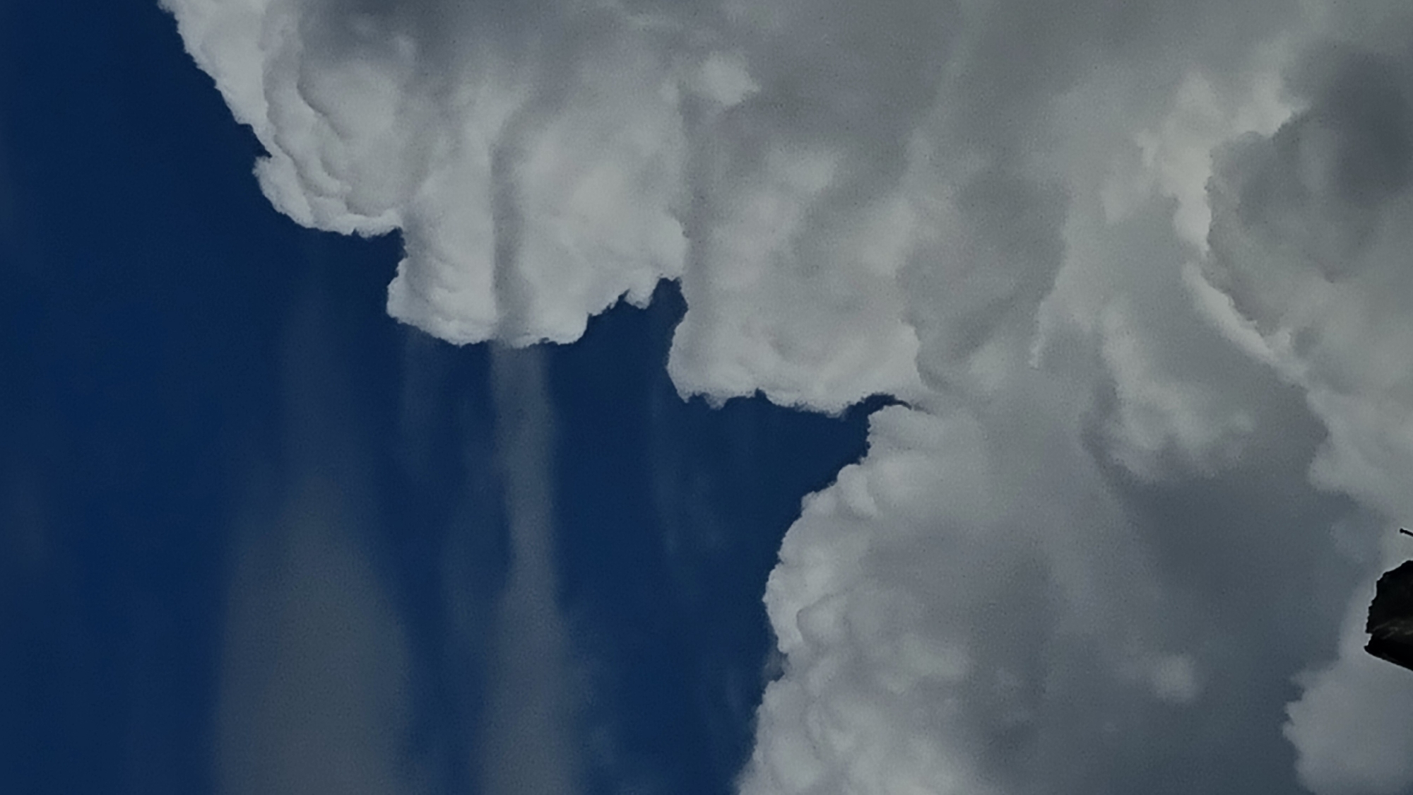 The image captures a portion of a dark blue sky filled with dramatic, billowy white clouds. The clouds are dense and textured, with sharp, irregular edges that create a sense of depth and movement. One prominent cloud formation in the upper right and center-right of the image resembles a human profile, with a distinct nose, chin, and forehead. In the lower left corner, a dark, silhouetted object, possibly the top of a structure or natural landmark, is partially visible against the cloudy sky. The lighting suggests it is daytime, with sunlight illuminating the clouds from above and casting shadows within their folds. The scene is devoid of people or any discernible activity, focusing entirely on the atmospheric conditions and cloud formations. No specific location within Vysokoe, Russia can be determined from the visual information provided in the image.
