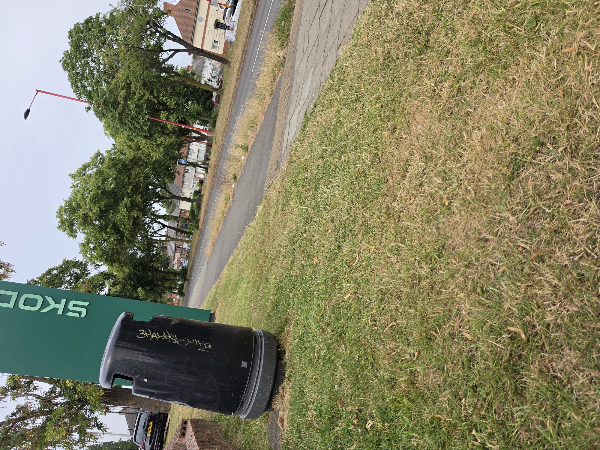 This image captures a street scene in Birmingham, United Kingdom, likely on a cloudy day. In the foreground, a black cylindrical trash bin is visible, tilted slightly. The bin has some graffiti scribbled on its surface. Behind the bin, a large green sign with white lettering that reads "SKODA" is prominently displayed. To the left of the sign, a dark-colored car is parked on a grassy verge.
The background reveals a residential street with houses and mature trees lining the roadside. A paved sidewalk runs alongside the street, and further back, a road is visible with some dry, yellowed grass and weeds growing along its edges. A tall, red lamp post stands out against the trees. The overall impression is of a typical suburban environment with a focus on automotive branding.