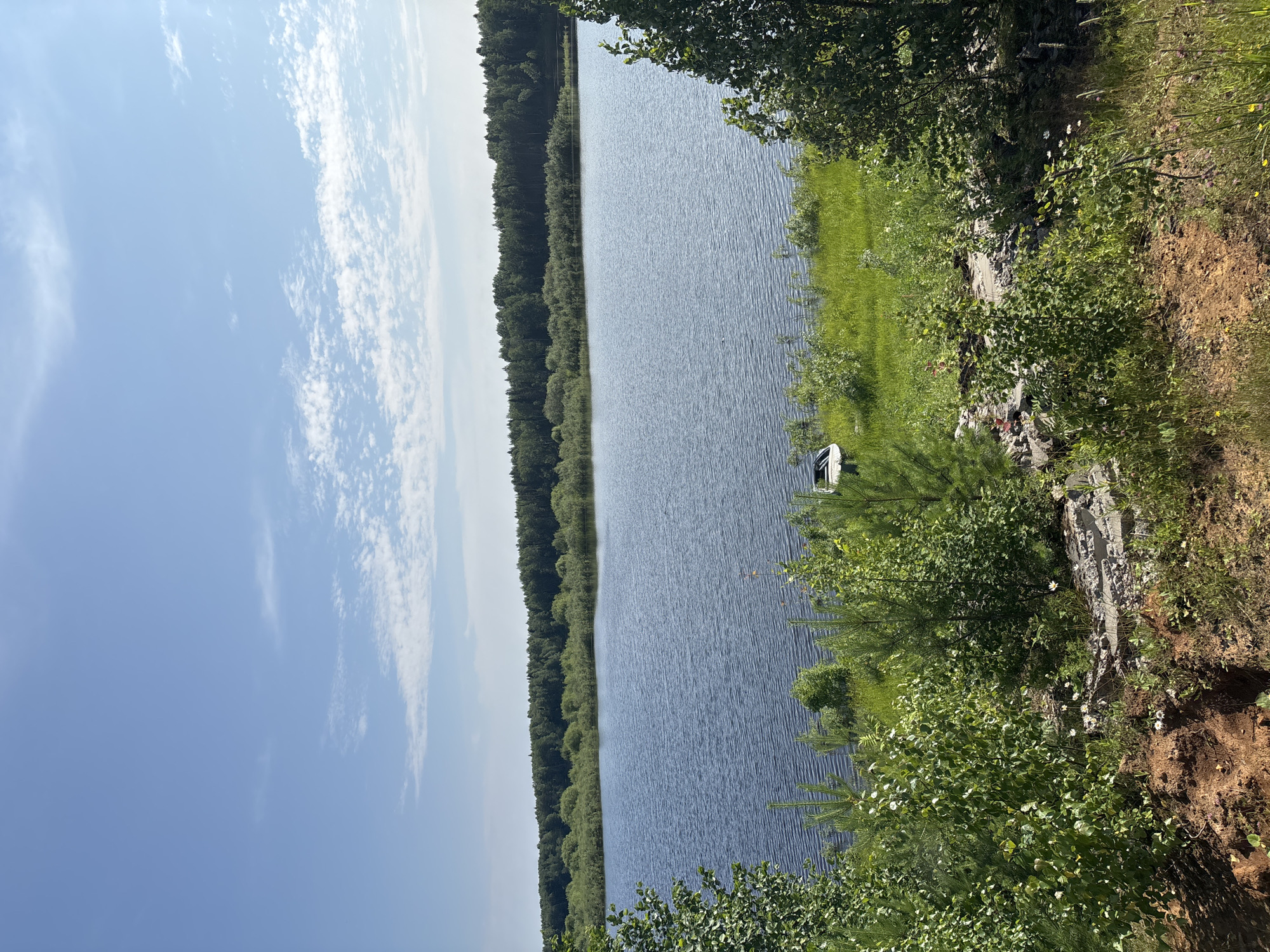 This image depicts a serene natural landscape, likely a lake or a large body of water, bordered by a dense forest on one side and a grassy embankment with some rocky outcrops on the other. The water's surface is calm, with gentle ripples indicating a light breeze. A small, white object, possibly a boat or a buoy, is visible in the water near the shore.
The sky is a clear, bright blue, dotted with scattered white, wispy clouds, suggesting a pleasant day with good weather. The sun is high in the sky, casting bright light on the scene, implying it is daytime, likely midday or early afternoon. The abundant greenery of the forest and the grassy areas signifies a season of growth, possibly summer or late spring. The presence of trees and the overall natural setting suggest a rural or wilderness area.
The perspective is from the shore, looking out over the water and across to the treeline. The overall mood conveyed is one of tranquility and natural beauty. There is no visible text in the image. The location context of Kurgan, Russia, places this scene within a specific geographical region known for its natural landscapes.