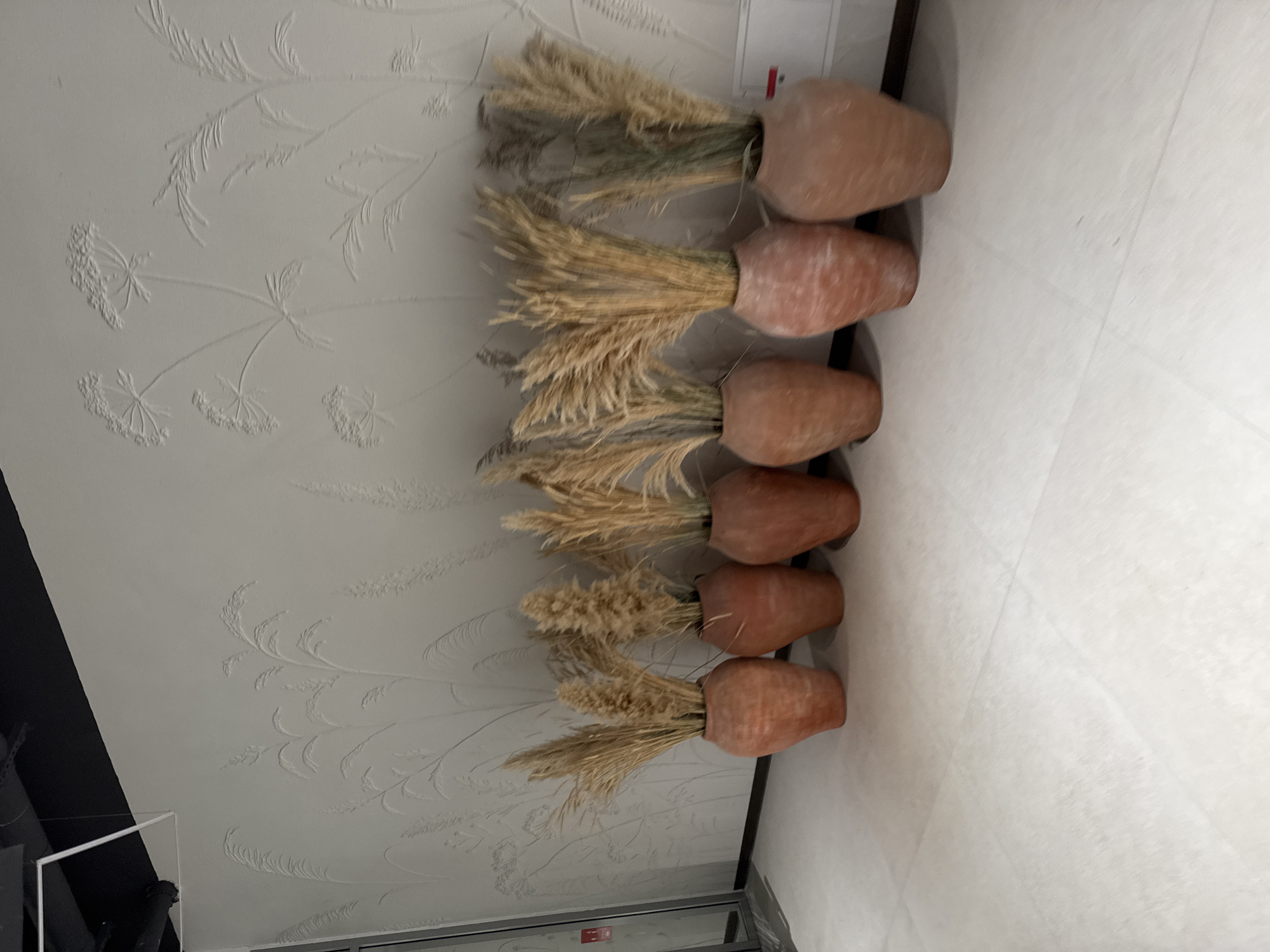 The image depicts a wall decoration, likely indoors. Six terracotta-colored pots, each containing dried grasses or reeds, are arranged in a row along the wall. The wall itself is white with a textured, floral pattern. To the left, a black wall or panel is partially visible. The floor, on the right side of the image, is white and appears to be tiled or made of a similar smooth material. The angle of the image is slightly tilted.
Without additional information, pinpointing the precise location in Kazan, Russia, based solely on this image is not possible.