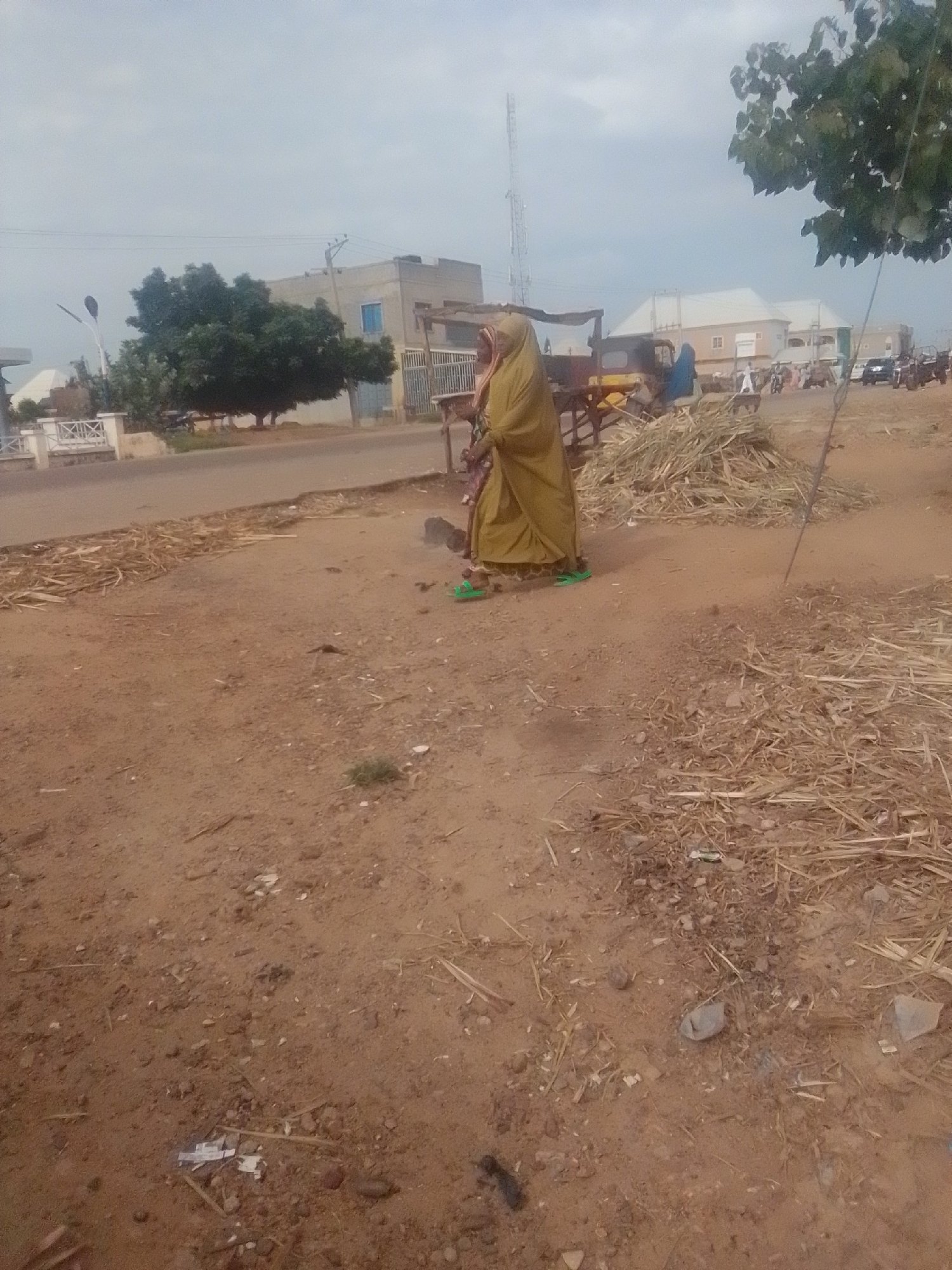 The image captures a street scene in Pantame, Nigeria. In the foreground, a person wearing a mustard-colored hijab and a long dress stands on a dirt road. Their feet are clad in bright green sandals. Beside the person, to their left, is a wooden cart with a thatched roof, and a pile of dry grass or straw is to their right. The environment appears to be a dusty roadside with scattered debris, including small pieces of white and gray paper, and straw. In the midground, a paved road runs horizontally, with some traffic visible in the distance, including cars and possibly a rickshaw. Buildings with light-colored walls and dark roofs are situated along the road. A large green tree is visible on the left side of the image, and a telecommunications tower stands in the background. The sky is overcast.