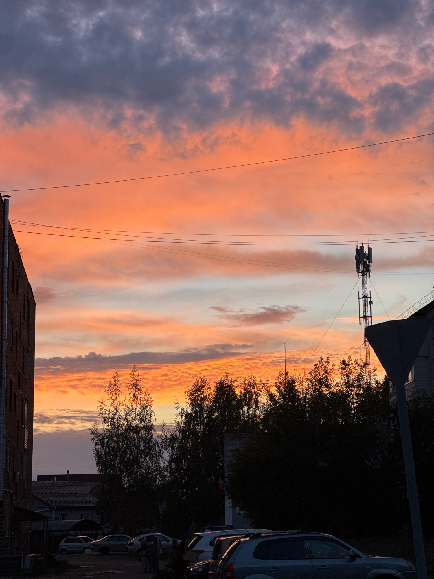 The image captures a dramatic sunset over Noviy, Russia, with vibrant orange and pink hues dominating the sky, transitioning into darker purples and grays at the top. A brick building stands on the left, its windows reflecting the colorful sky. In the mid-ground, silhouetted trees create a dark contrast against the bright clouds. A cellular tower with multiple antennas is prominent on the right, with power lines crisscrossing the scene. Below the trees, several cars are parked, and two individuals are visible in the distance. The foreground shows the pavement and parts of vehicles. The scene appears to be an urban residential area during twilight.