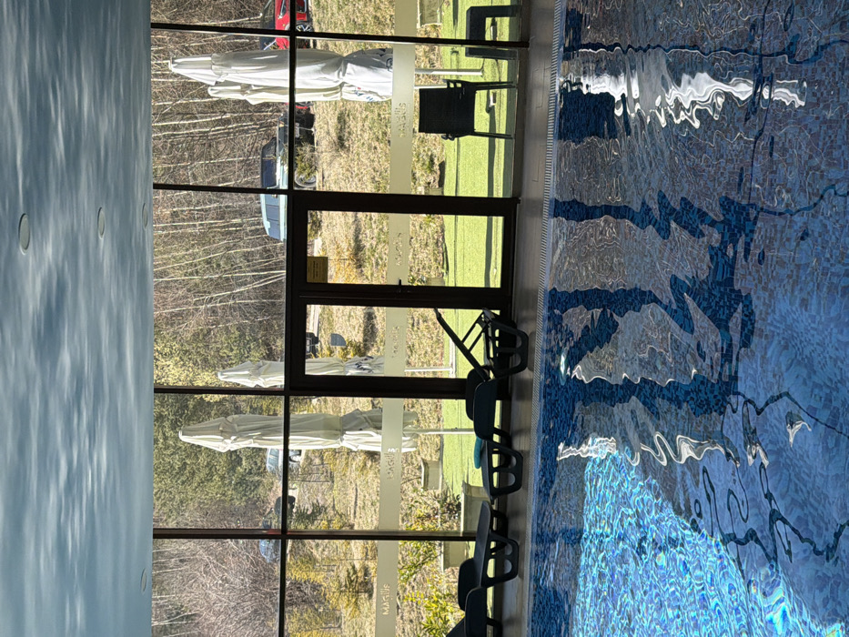 The image depicts an indoor swimming pool area with a panoramic view of an outdoor landscape, located at Magus Hotel & Spa in Kladnitsa, Bulgaria.
The foreground is dominated by a clear, blue-tiled indoor swimming pool with visible water ripples and reflections of the overhead ceiling and outdoor environment. Along the pool's edge, within the indoor space, are several dark-colored lounge chairs and one reclined sunbed, one with a light blue towel draped over it.
A large, segmented glass wall with dark frames separates the indoor pool area from the exterior. A central double glass door provides outdoor access. The glass panels feature a frosted horizontal band with the repeated "MAGUS" logo.
Beyond the glass wall, an outdoor grassy area is visible. Situated on this grass are several large, folded white patio umbrellas, a dark outdoor chair, and a small dark stool. The outdoor environment transitions into a natural landscape featuring a dense forest of bare deciduous trees, indicative of late winter or early spring, with smaller evergreen saplings scattered closer to the building.
A parking area or dirt road is discernible at the forest's edge, where multiple vehicles are present, including a dark SUV on the far left, a dark green SUV in the mid-background, and a partially visible red car on the far right. The indoor ceiling, painted with a light blue, cloud-like pattern, contains several circular recessed light fixtures. The scene is brightly illuminated by natural sunlight, and no individuals are present.