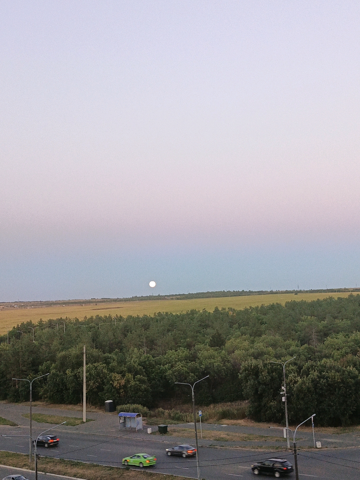 The image depicts a view of the city of Orenburg, Russia, likely from a higher vantage point such as a building. In the distance, a full moon is visible in a pale, gradient sky transitioning from light blue to pink. Below the sky is a wide expanse of green trees, forming a dense forest or park. Beyond the trees, a field of yellow crops stretches to the horizon, with faint structures and possibly a road visible in the far distance. In the foreground, a paved road runs horizontally, with several cars driving on it. A bright green sedan is prominent in the middle of the road, with other vehicles, including black cars, visible in motion. Streetlights line the road, and a bus stop shelter is situated on the side of the road, next to two trash receptacles. The overall scene suggests an evening or twilight setting in a semi-urban environment.