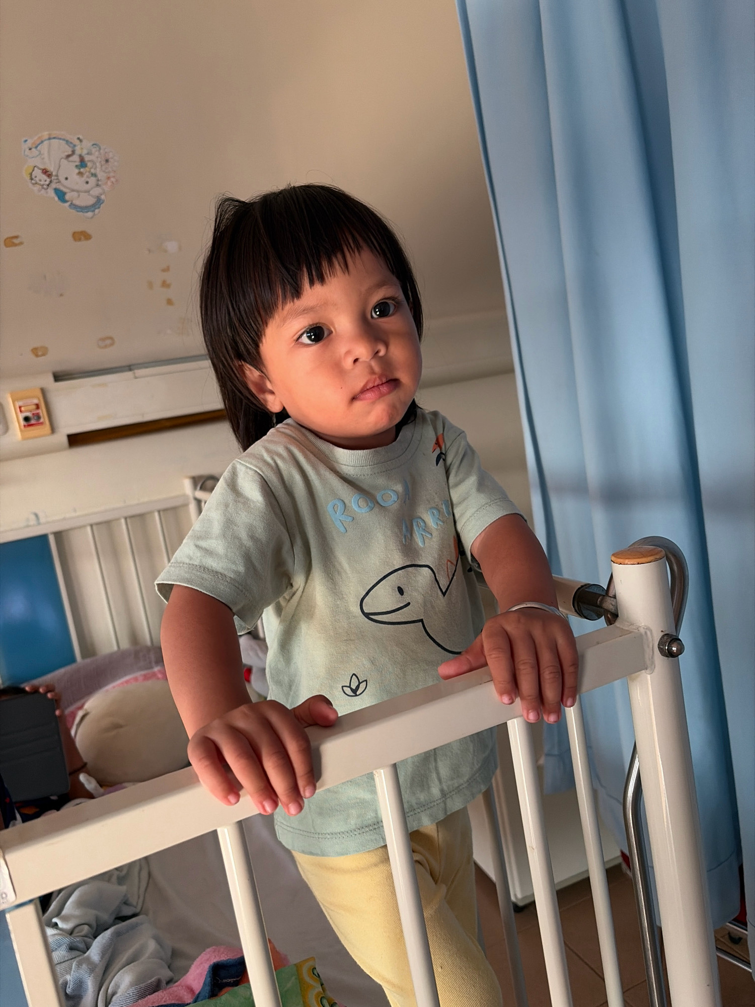 The image shows a young child standing in a crib, holding onto the railing. The child has dark hair and is wearing a light blue t-shirt with a cartoon drawing of a fish. The crib appears to be in a hospital room, with blue curtains in the background. There are also some medical devices visible on the wall. The overall scene is one of a child in a healthcare setting. The specific location within Tanjung Pinang, Indonesia is not identifiable from the image.