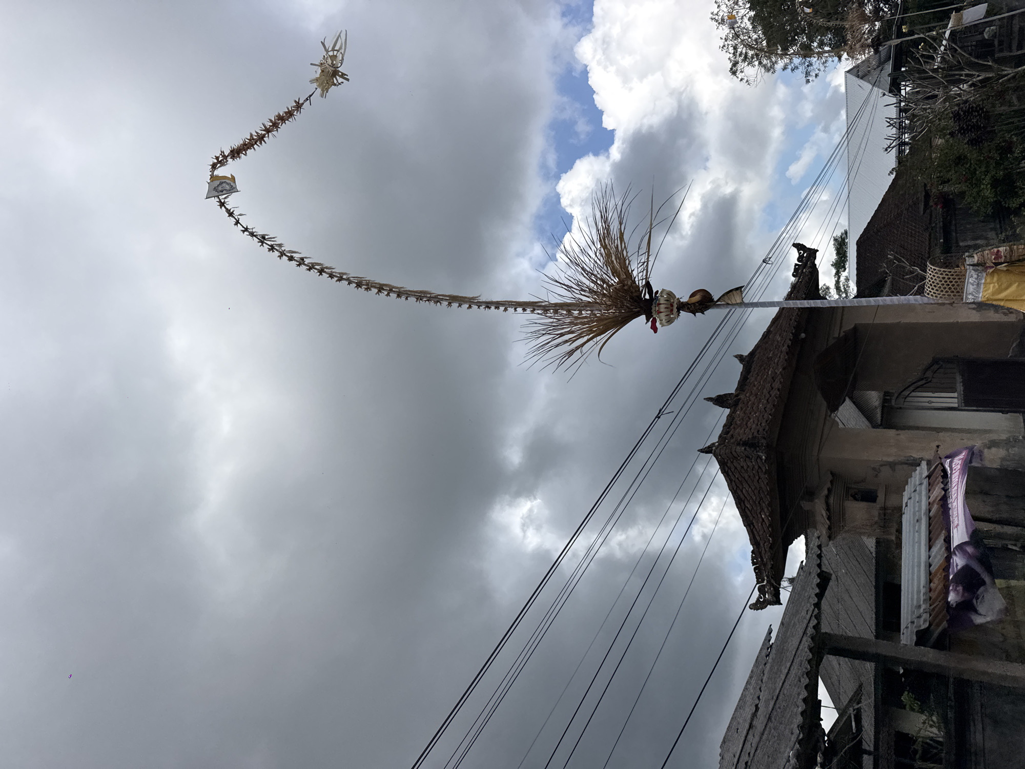 The image depicts a street scene in Susut, Indonesia, under a cloudy sky. A prominent "Penjor" stands tall in the foreground, a decorative Balinese bamboo pole adorned with woven palm leaves, flowers, and a small flag. The Penjor curves gracefully upwards, reaching into the sky. To the left of the Penjor, an ornate gateway with a tiled roof and intricate carvings is visible. Several power lines crisscross the sky above. In the background, traditional Indonesian houses with tiled roofs and corrugated metal structures are seen. The overall atmosphere is somewhat subdued due to the overcast weather. No people are clearly visible in the frame.
