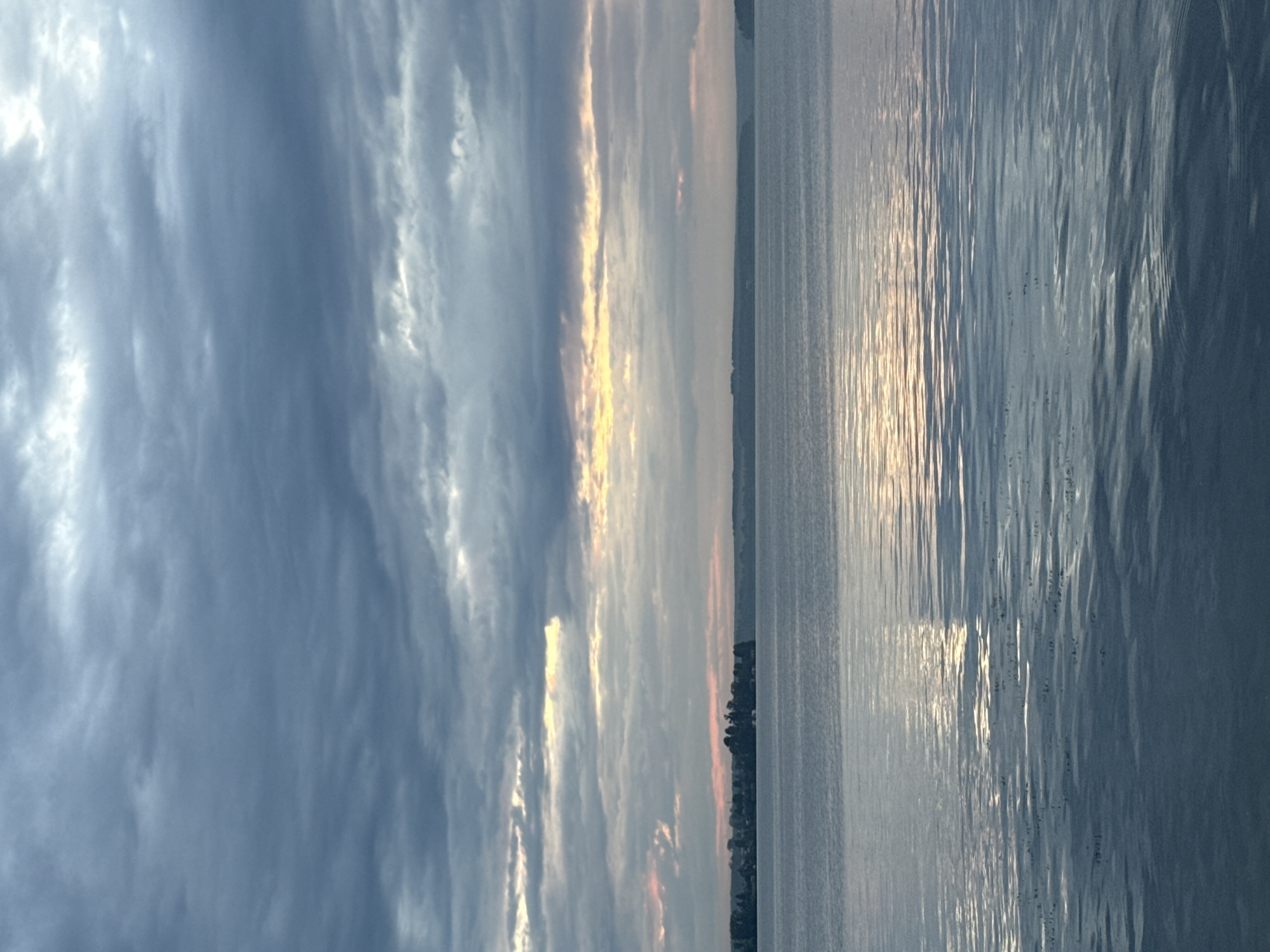 This is a photograph of a body of water with a cloudy sky. On the horizon, there is a shoreline with trees and some buildings, suggesting a settled area. The sky is filled with various shades of gray clouds, with some areas showing breaks where lighter, possibly golden or pinkish light is filtering through. The water is calm with gentle ripples reflecting the sky's colors. The overall impression is one of a serene, possibly overcast day at the Votkinsk Reservoir in Votkinsk, Russia. There are no people, animals, or discernible actions visible in the image.