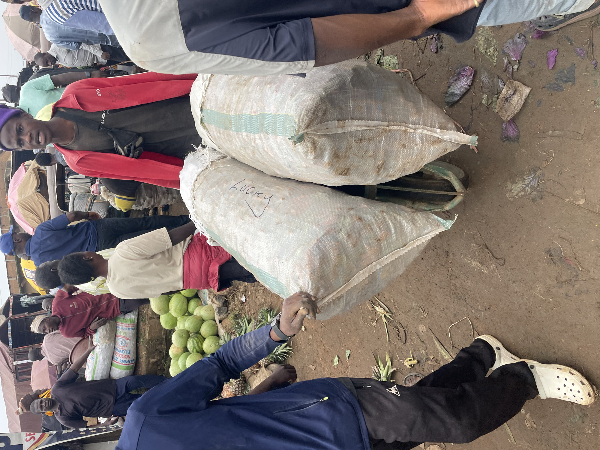 In Gura Top, Nigeria, a man in a blue jacket and black pants is seen carrying two large sacks, possibly of produce, through a bustling marketplace. The sacks are white and appear to be made of woven material, with one of them bearing the handwritten word "LUCKY" in black ink. He is wearing white Crocs. Behind him, other individuals are visible, some engaged in commerce or transportation. The ground is muddy and strewn with debris, including discarded leaves and what appear to be vegetables, suggesting an active and potentially untidy environment typical of a Nigerian market. In the background, stalls, awnings, and various other people contribute to the lively atmosphere of the Gura Top market. Watermelons are stacked in the background, and pineapples are scattered on the ground.