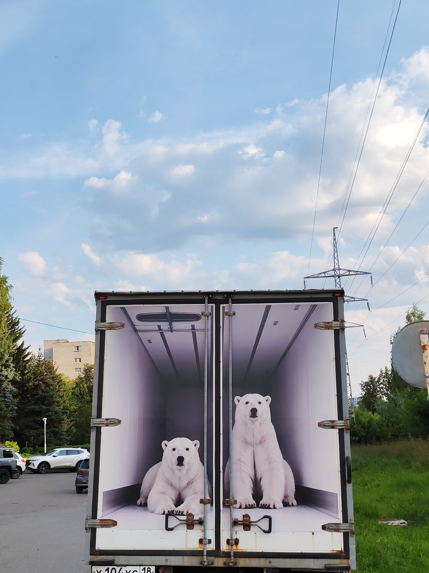 The image shows the open back doors of a white truck, revealing a mural of two polar bears sitting inside the truck's cargo area. The polar bears are depicted in a realistic manner, facing forward and appearing to be resting. The truck is parked on an asphalt surface, possibly a street or parking lot, with a grassy area to the right and trees and a building in the background. Overhead, power lines and a transmission tower are visible against a blue sky with scattered clouds. The truck has visible hinges and latches on the doors, and a license plate is partially visible at the bottom. The overall scene suggests an urban or suburban environment. The license plate appears to have Russian characters and numbers. Based on the visible license plate, the image was likely taken in Izhevsk, Russia.