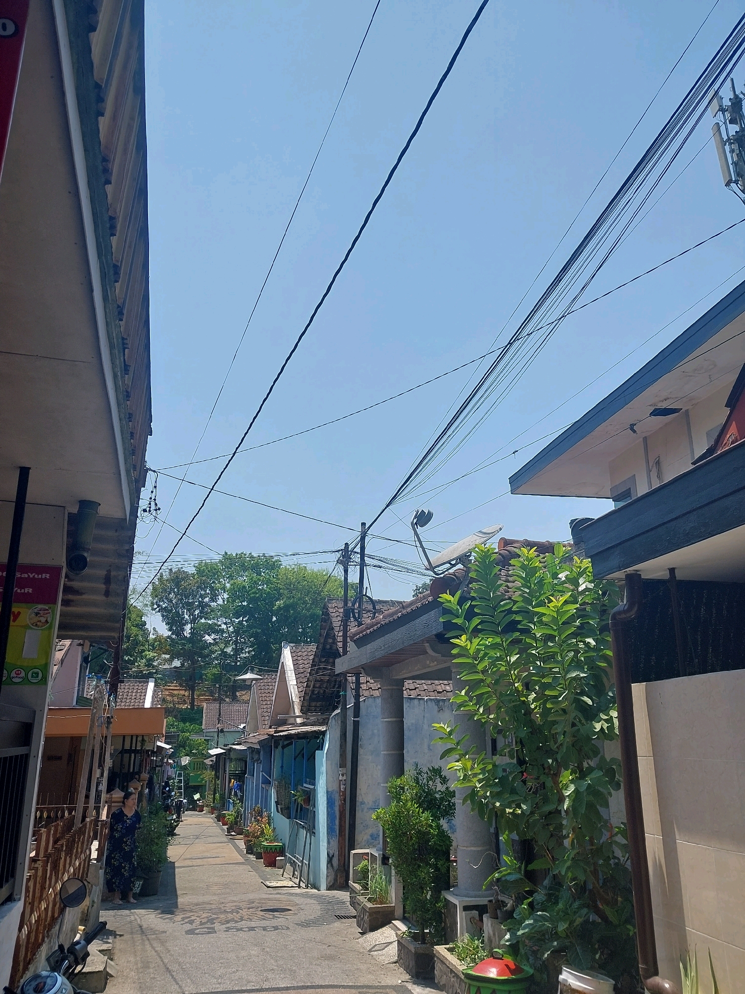 The image captures a narrow street in the city of Malang, Indonesia, bathed in bright daylight. The street is lined with residential buildings on both sides, some with simple designs and others featuring more modern additions like satellite dishes and external wiring. The architecture suggests a mix of older and newer constructions, common in urban Indonesian settings. Lush green trees are visible further down the street, indicating a presence of vegetation within the urban landscape. Overhead, a complex network of electrical and communication wires crisscrosses the sky, a typical sight in many Indonesian cities. A lone woman, wearing a dark floral dress, stands on the left side of the street, seemingly observing something. Several potted plants are arranged along the walkways, adding touches of greenery to the surroundings. A motorcycle is parked on the left side of the street, suggesting typical urban transportation. The overall impression is of a quiet, lived-in residential street.