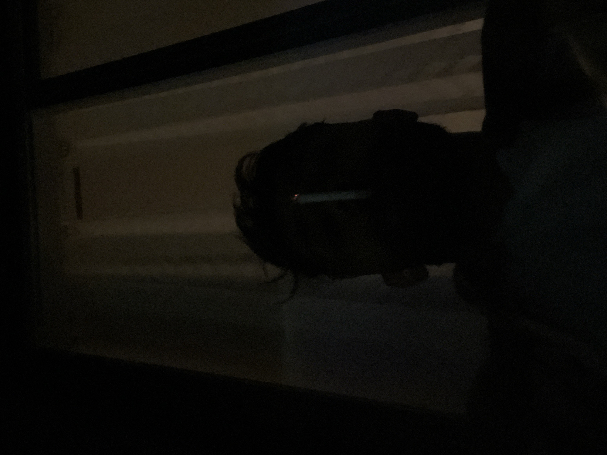 The image shows a dimly lit interior scene, possibly viewed through a window. The reflection in the glass reveals a person holding a lit cigarette. The environment is dark, with minimal detail visible. The location in the city of Gatineau, Canada is unknown based on the information in the image.