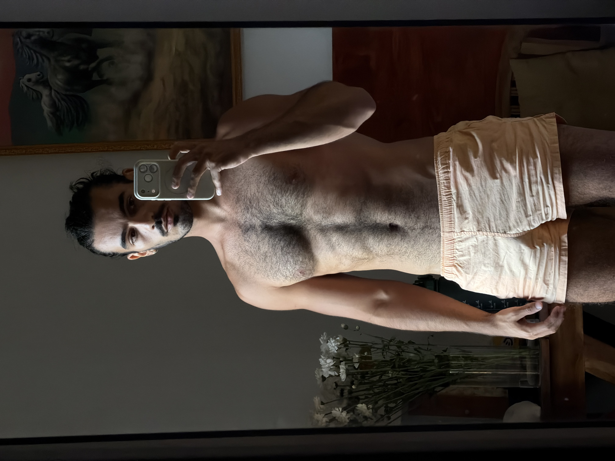 This is a mirror selfie, rotated 90 degrees counter-clockwise, depicting a man from the waist up in an indoor setting. The man has dark hair and a beard, looking directly at the smartphone he is holding with his left hand to take the photo. He is shirtless, revealing a hairy chest and abdomen, and is wearing light-colored, possibly peach or cream, shorts. The smartphone has a light green or grey case.
The background, visible through the mirror's reflection, suggests a domestic environment. To the man's right, a framed painting featuring two horses in a dynamic pose is prominently reflected, set within a golden frame. Below the painting, a portion of dark wooden furniture is visible. To the man's left and towards the bottom of the frame, a clear glass vase containing a bouquet of white flowers, possibly daisies, sits on a surface. Further behind these elements, reflected in the upper right, are textiles that appear to be pillows on a bed or couch, alongside dark red and beige fabrics. The lighting in the room is subdued, creating a somewhat dim ambiance. The location context provided is North Kuta, Indonesia. No discernible text is visible within the image.