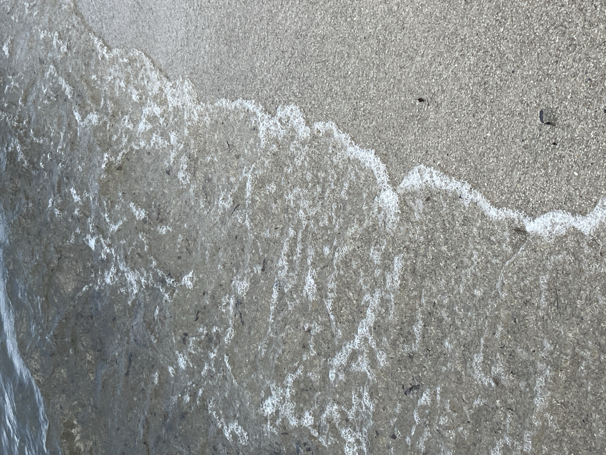 The image depicts a close-up, high-angle view of a gentle wave receding from a sandy shore in Golden Beach, Greece. The water is shallow and clear, revealing a sandy seabed covered with small pebbles and dark organic debris. The wave creates a frothy white edge as it washes over the sand, leaving behind a thin film of water and scattered foam. The sand itself appears coarse and light brown, speckled with darker grains and occasional larger pebbles. The overall scene is one of natural tranquility, capturing the edge of the sea meeting the land. There are no people or man-made objects visible in the frame.