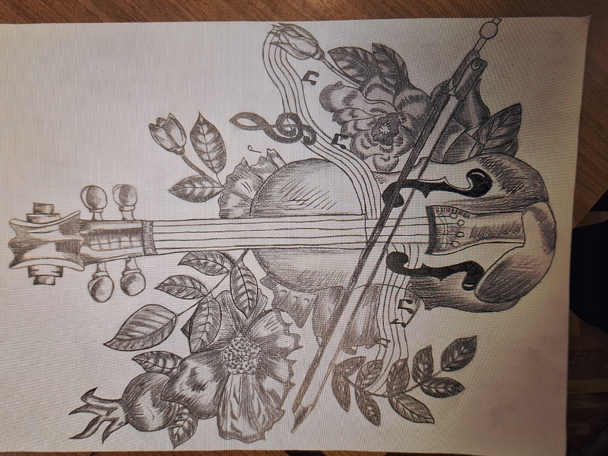 The image displays a detailed black-and-white pencil drawing rendered on a lightly textured, off-white surface. The central focus is a vertically oriented violin, depicted with visible tuning pegs, strings, f-holes, and a tailpiece. A violin bow is positioned diagonally across the lower body of the instrument. The violin is intricately encircled by botanical elements, including large, multi-petaled flowers, numerous leaves, and a fruit resembling a rose hip or pomegranate in the upper left corner. Additional floral elements, some resembling tulips, are on the right side. Musical notation is integrated into the composition, featuring a prominent treble clef, multiple curving musical staves, and scattered musical notes (e.g., eighth notes, sixteenth notes) flowing around the violin and floral arrangement. The drawing does not depict any identifiable locations, structures, or environmental characteristics of the city of Varna, Bulgaria.