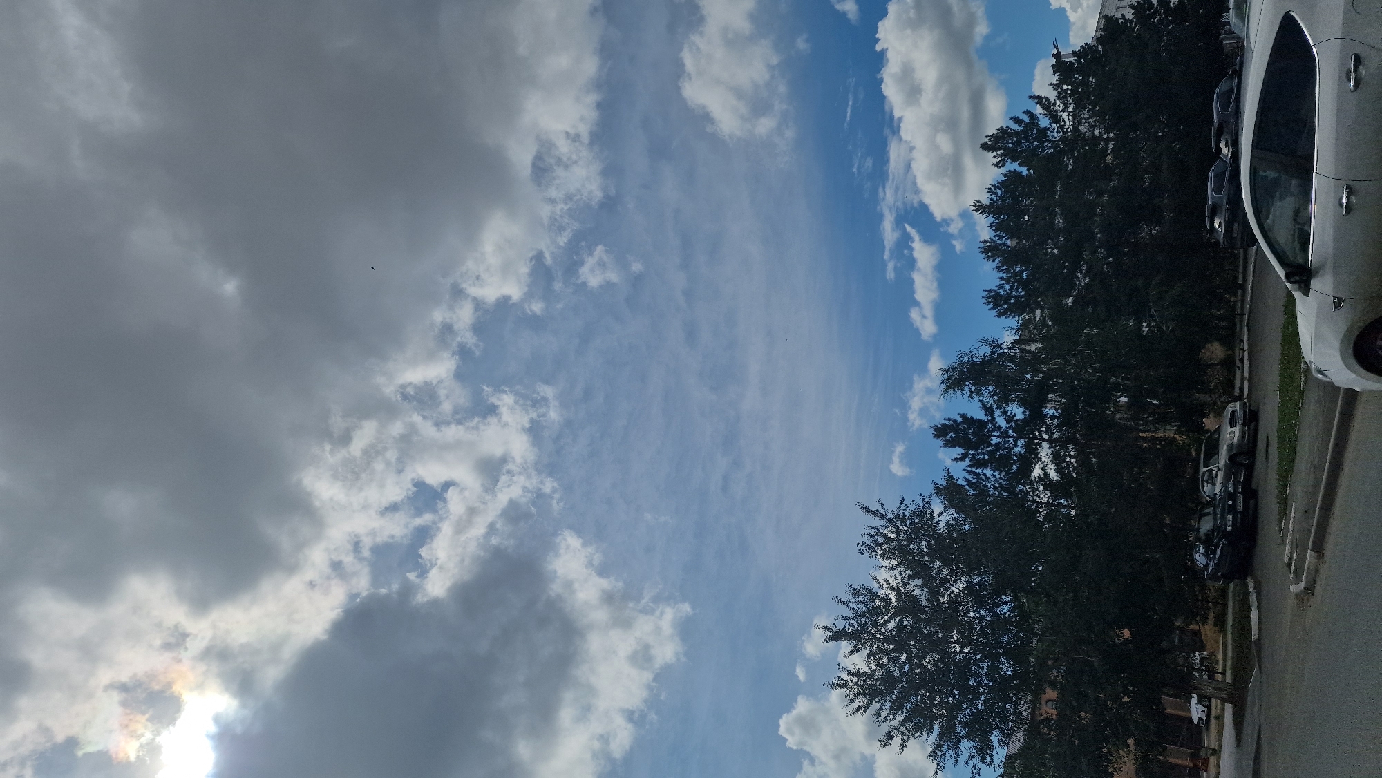 A low-angle, vertical medium shot captures a cloudy sky with patches of blue above a line of dark green trees. The sun is visible in the upper left corner, partially obscured by clouds, creating a slight iridescent effect. Below the trees, a street scene unfolds with several parked cars, including a silver sedan and a dark sedan. In the foreground, the rear passenger side of a white SUV is visible. The scene appears to be in a residential area, likely in the city of Kostanay, Kazakhstan, given the architecture of a building peeking through the trees on the left. The overall atmosphere is overcast, with a hint of sunlight breaking through.
