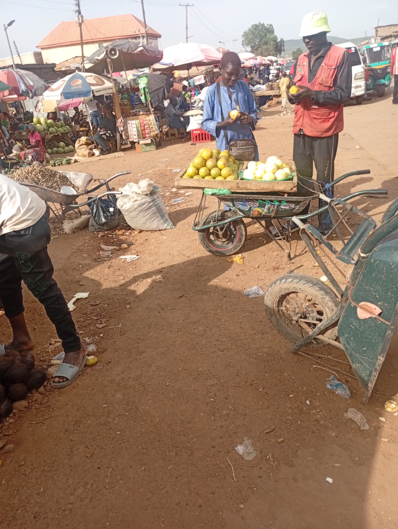 The image depicts an outdoor market scene in Rafin Par, Nigeria. In the foreground, a man wearing black pants and a light-colored shirt stands with his back to the camera, his feet shod in light-colored sandals. He appears to be interacting with a pile of dark, round objects, possibly coconuts, on the ground. To his right, a wheelbarrow filled with large, light-colored produce, possibly guavas, is positioned. Behind him, two men are engaged in a transaction. One man, wearing a blue tunic, holds a piece of fruit in his hand and looks down at a tray of oranges. The other man, in a red vest and a light-colored hat, is also holding a piece of fruit and appears to be handing it to the first man. A second wheelbarrow, also containing produce, is visible behind them. The market is bustling with activity, indicated by the presence of stalls, umbrellas, and other people in the background. The ground is a mixture of dirt and scattered debris. Several vehicles, including a tricycle, are also visible in the background, suggesting a busy commercial area. The overall impression is one of a vibrant and active marketplace.