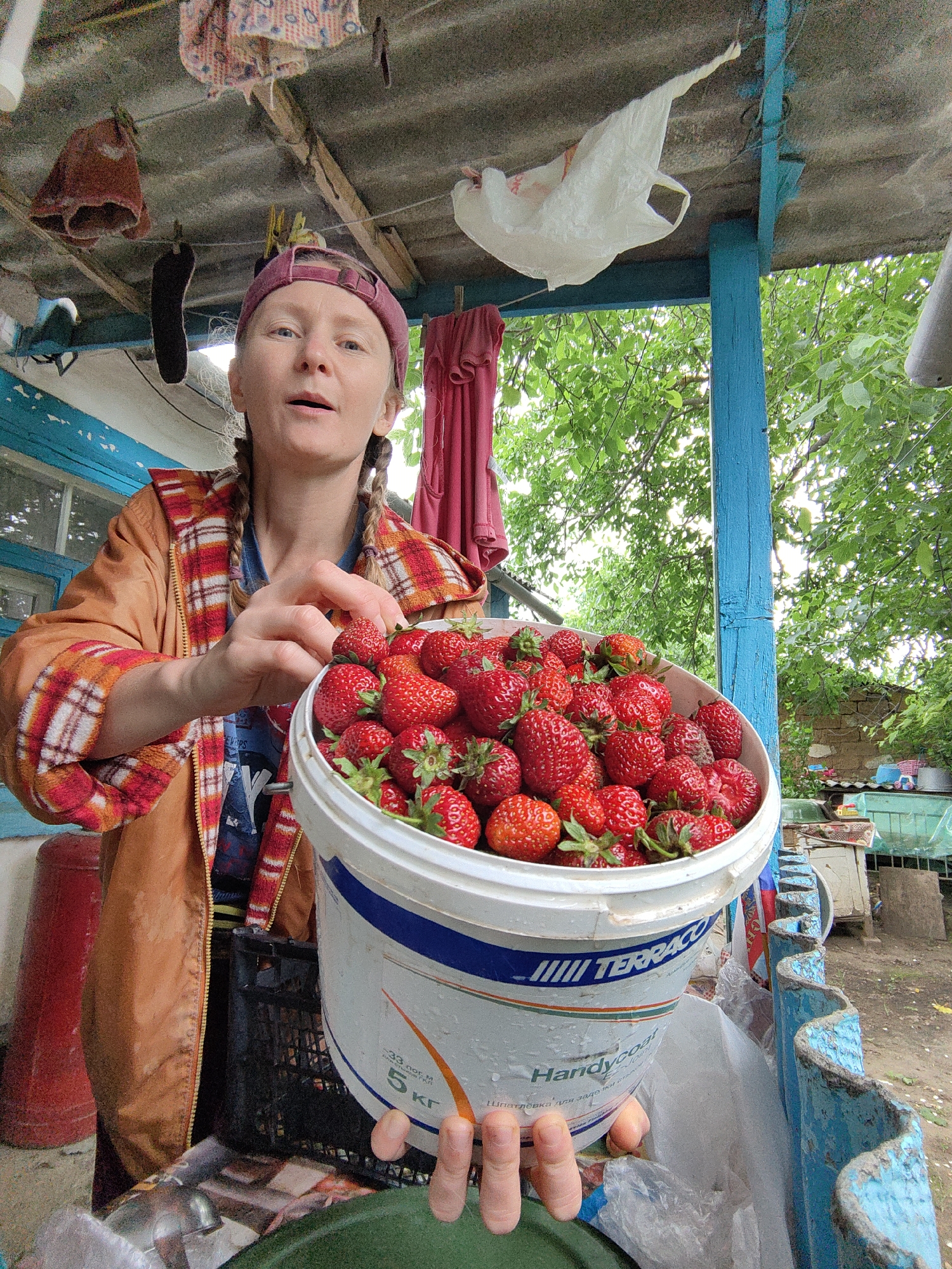 A woman with blonde hair in two braids, wearing a red and white plaid jacket and a pink baseball cap, holds a large white bucket filled with fresh strawberries. She is standing outdoors, under a corrugated roof supported by blue wooden beams. Laundry hangs on a clothesline above her. The background shows greenery and a rustic, weathered building. The scene suggests a rural or semi-rural setting, possibly a dacha or farmyard, consistent with locations in the Зуйское сельское поселение, Ukraine. The woman appears to be presenting the harvested strawberries.