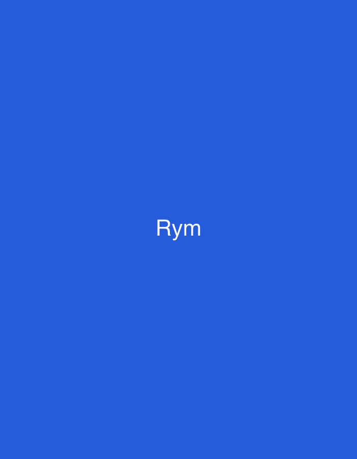 The image is a graphic featuring a solid royal blue background. Centered horizontally and vertically on this blue field is the word "Rym" rendered in white, sans-serif typeface. No other elements, objects, people, or discernible environment are present. There is no visual information within the image to indicate a specific geographic location, including the city of Casablanca, Morocco.
