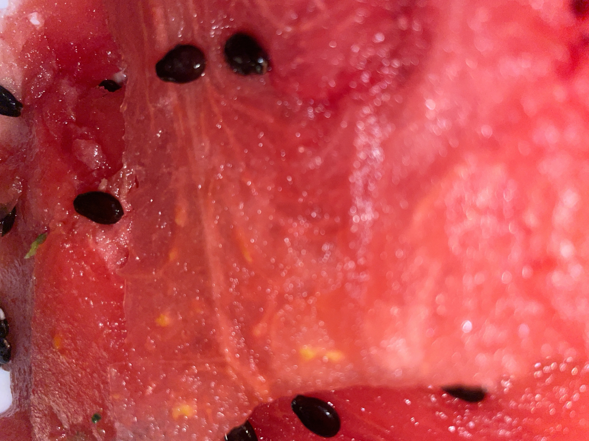 An extreme close-up, macro-style photograph captures the vibrant red flesh of a watermelon. The image is dominated by shades of red, ranging from bright crimson to deeper, more saturated tones. Scattered throughout the juicy pulp are several dark, elongated black seeds, some appearing in sharp focus while others are slightly blurred. The surface of the watermelon flesh appears wet and glistening, with numerous tiny, sparkling highlights reflecting light, creating a bokeh effect in the background, which adds to the depth and texture. Some areas reveal the fibrous structure of the fruit. The focus is sharp on various seeds and parts of the flesh in the mid-ground and foreground, while other sections are intentionally out of focus, giving a soft, ethereal quality to the background. No people or specific activities are depicted. There is no visible text. The setting context is Boreti, Montenegro.