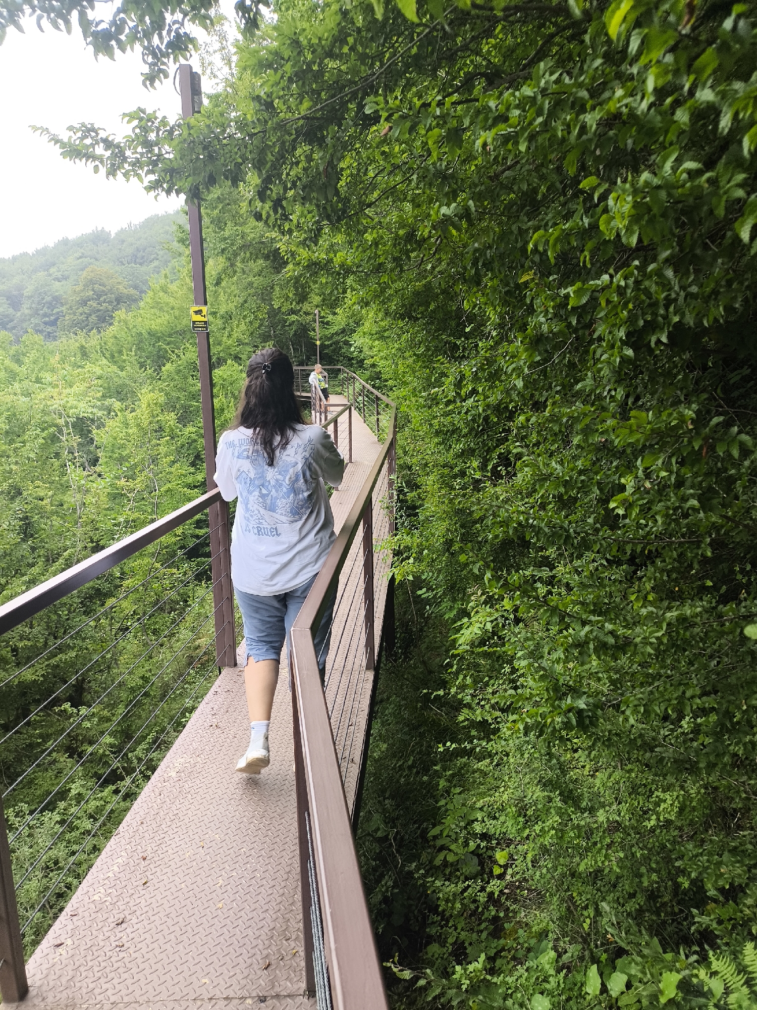 The image shows a walkway in a densely forested area, likely in the vicinity of Gaghma Nogha, Georgia. A woman with dark hair is walking away from the camera on the metal walkway, which is bordered by a railing. She is wearing a white t-shirt with a blue graphic and blue shorts. To the left of the walkway, there is a steep, wooded slope covered in lush green trees. To the right, the trees are dense and form a thick wall of foliage. In the background, another person is visible further down the walkway. A pole with a security camera and a yellow warning sign is also visible near the woman. The overall atmosphere is one of natural beauty and seclusion.