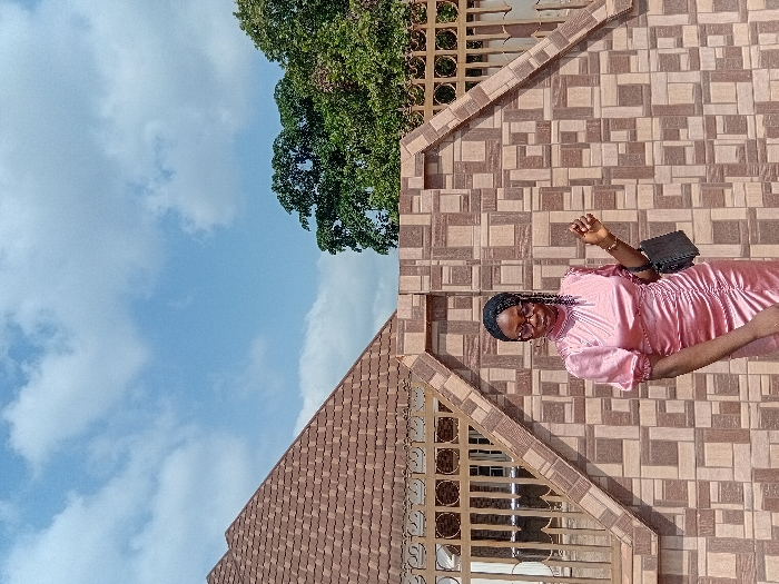 A young woman stands outdoors in Ejule, Nigeria, positioned in front of a patterned tiled wall with brown and beige rectangular and square tiles. She wears a pink, shin-length, short-sleeved, ruched satin dress with a high neckline and puffed sleeves. Her dark hair is braided, and she wears clear-framed eyeglasses. She holds a small black handbag in her left hand, which is bent at the elbow. Her right hand is also bent at the elbow with fingers slightly splayed. Behind the tiled wall, to the left, is a building with a reddish-brown tiled roof. To the right, green tree foliage is visible. The sky overhead is blue with scattered white clouds, indicating daylight conditions.