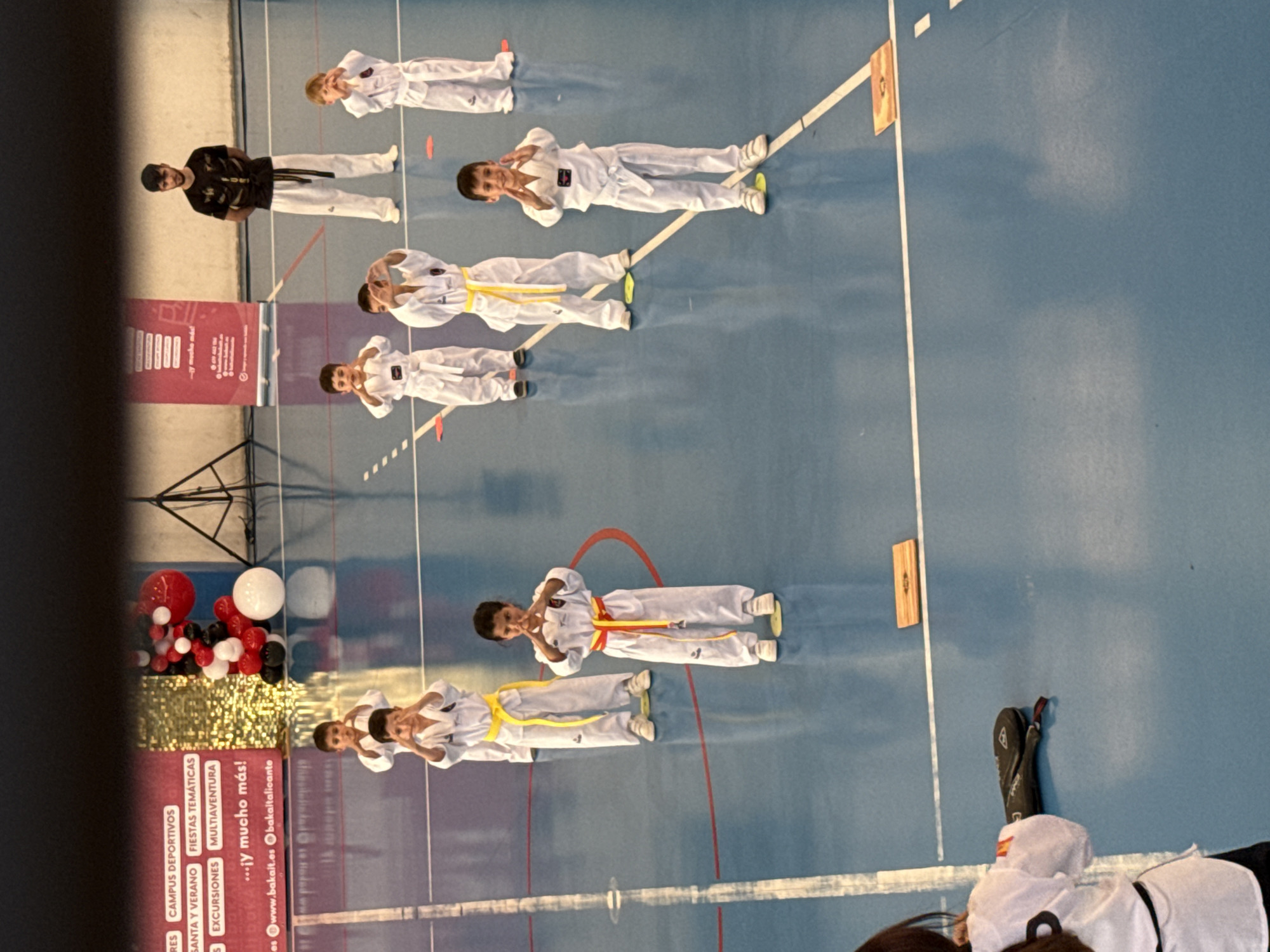 Here is a description of the image:
The image shows a group of young people, likely children, in a gymnasium or a similar indoor sports facility. They appear to be engaged in some form of martial arts or sports activity, potentially taekwondo, as they are wearing white uniforms and belts of various colors. They are lined up on a blue sports floor, marked with lines that define the boundaries of the playing area.
Some of the children are posing or performing a gesture with their hands near their faces. An adult figure, possibly an instructor, is present in a darker-colored uniform.
A promotional banner stand is visible along the side, advertising sports-related activities or a camp, with the website "www.bakait.es" and "bakait.alicante" mentioned. Near the banner stand, there is a cluster of balloons.
The lighting in the gymnasium appears to be artificial. The photo is taken from a slightly elevated angle, capturing the arrangement of the participants and the layout of the space.