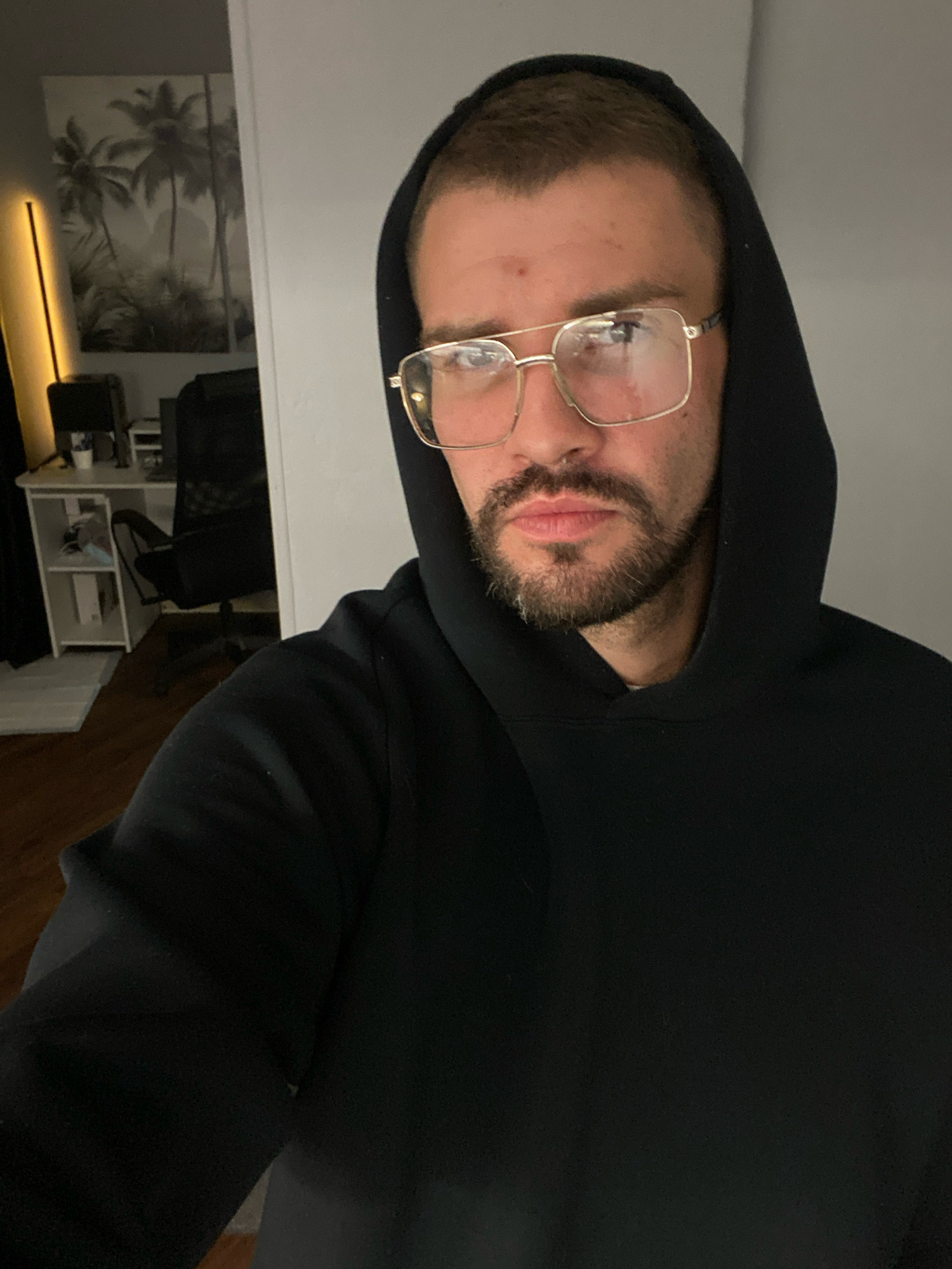 A close-up, medium shot captures a person wearing a black hooded sweatshirt and gold-rimmed glasses. The person's head is slightly tilted, and they are looking towards the camera. The background is dimly lit, with a wall visible to the right and a poster of palm trees hanging on the wall to the left. A desk with a computer monitor and chair can be seen in the background on the left. The image appears to be taken indoors. There is no information available to indicate this scene is located in Zarechny, Russia.
