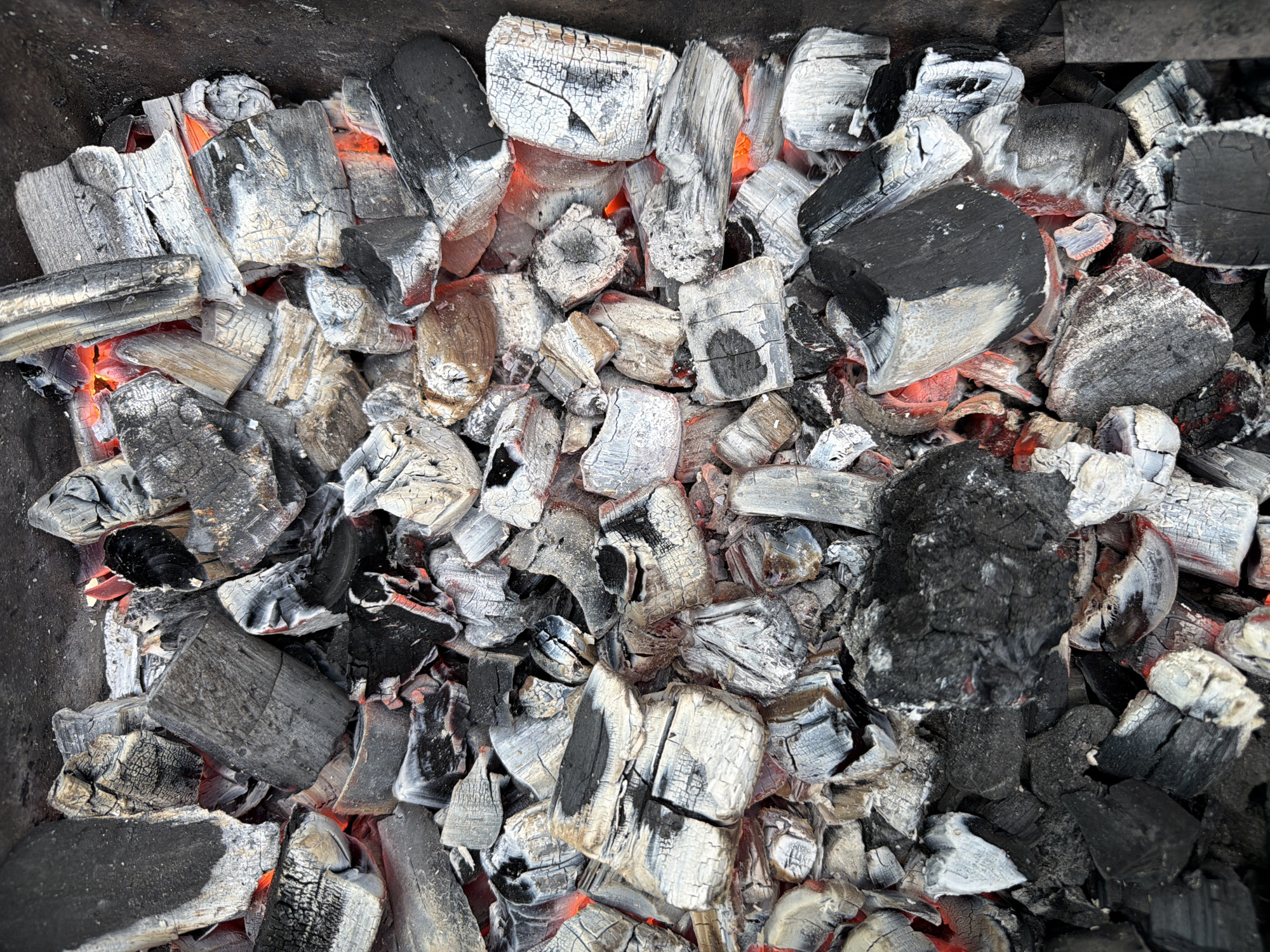 The image shows a close-up view of burning charcoal briquettes in a metal container. The coals are in various stages of combustion, with some glowing orange underneath a layer of ash. The charcoal pieces are mostly rectangular and show signs of cracking and splintering. The surrounding environment is dark and undefined. There is no contextual information to associate the image with Фоки, Russia. No people, interactions, or specific actions are depicted.