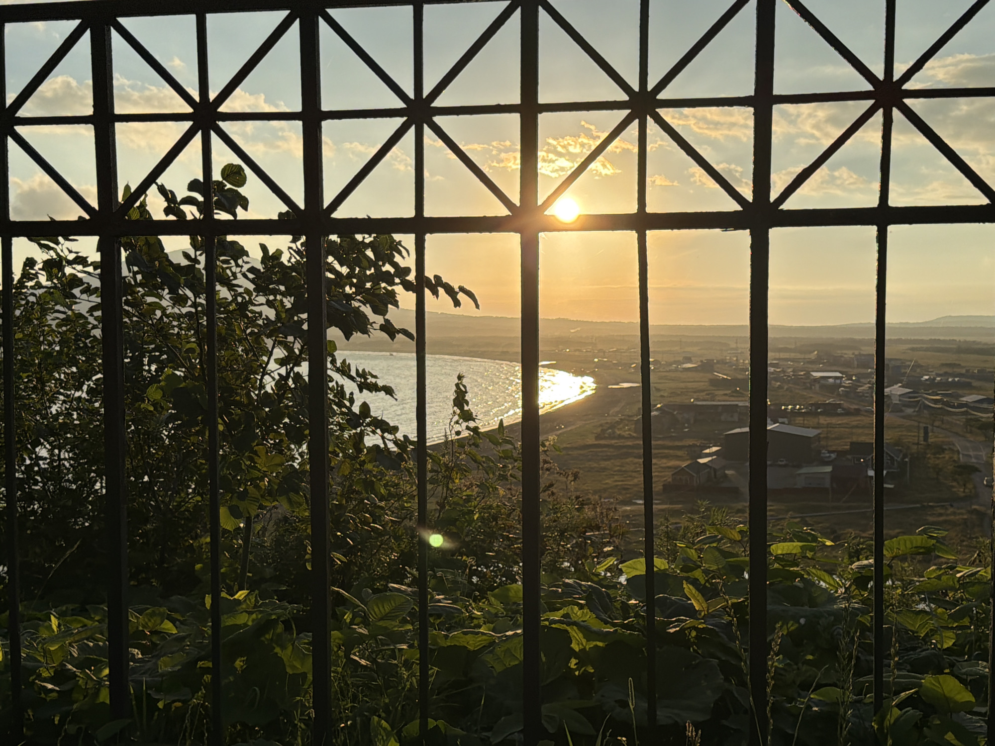 The image shows a view through a metal grate towards a sunset over the ocean. In the foreground, lush green foliage is visible, with some leaves illuminated by the setting sun. The grate has a diamond pattern formed by intersecting metal bars.
Beyond the foliage and grate, a body of water, likely the ocean, stretches towards the horizon. The surface of the water reflects the warm hues of the sunset, creating a shimmering effect. Along the shoreline, a small settlement or town is visible, with buildings and infrastructure spread out. The landscape beyond the town appears hilly and undeveloped, with mountains in the far distance.
The sky is filled with scattered clouds, tinged with orange and yellow from the setting sun. The sun itself is a bright, round orb, partially obscured by the metal grate, casting a strong glare. The overall scene conveys a sense of natural beauty and tranquility, with the man-made elements of the town providing a contrast to the expansive natural landscape.
This scene is characteristic of Yuzhno-Kurilsk, Russia, a town located on Kunashir Island in the Kuril Islands, known for its coastal scenery and proximity to the ocean. The presence of the grate suggests the image may have been taken from a vantage point with a protective barrier, such as a viewpoint or an observation deck.