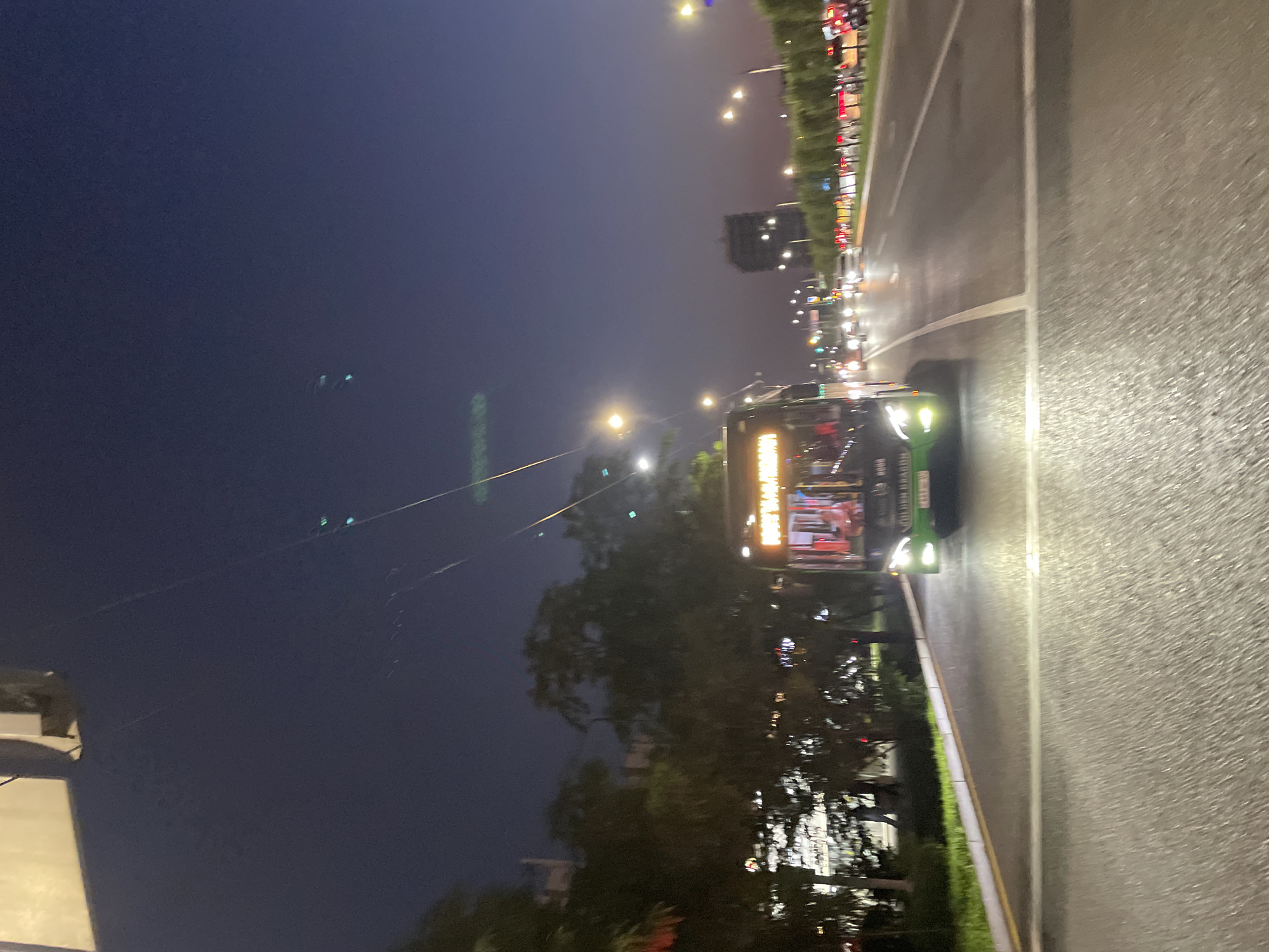 The image depicts a street scene at dusk or night in Almaty, Kazakhstan. A green double-decker bus is the central subject, driving on a wet asphalt road. The bus has its headlights on and displays illuminated text on its front, which appears to read "GOLDEN DRAGON." Other vehicles are visible on the road, their headlights contributing to the ambient light. Streetlights and lights from buildings line the road, illuminating trees and other foliage. A tall, dark building is visible in the background. The sky is a deep blue, suggesting twilight or nighttime. The overall impression is that of a city street at a time of low visibility, with artificial lights dominating the scene.