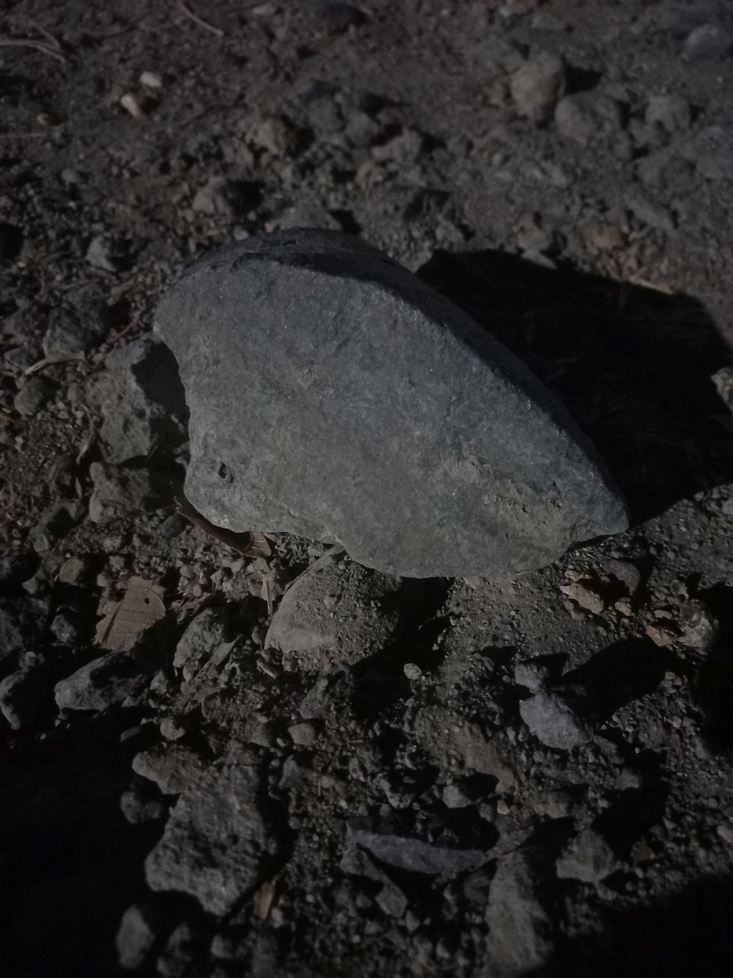 The image shows a close-up, low-angle shot of a rough, grey rock resting on a surface composed of smaller stones, dirt, and debris. The lighting is dim and casts distinct shadows, suggesting it is nighttime or a dimly lit indoor environment. The rock itself is irregular in shape and appears to be weathered. The surrounding ground is uneven and textured with various sizes of stones and dark soil. The overall impression is one of an outdoor, unpaved area, possibly a pathway or a natural ground cover. The location in Gambiranom, Indonesia, is noted, but the image itself does not provide visual cues to confirm this specific location.